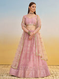 Sweet Baby Pink Thread Embroidery Net Bridesmaid Lehenga Choli With Dupatta - Zeel Clothing