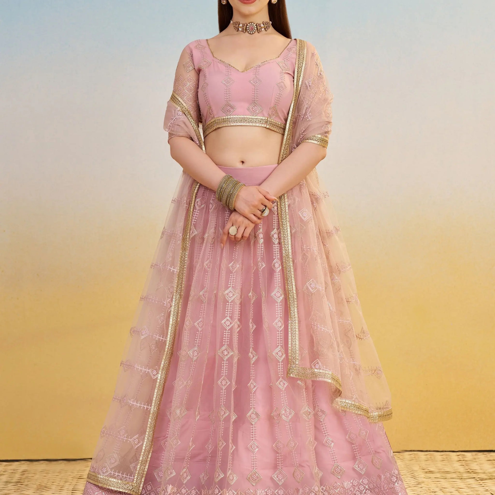 Sweet Baby Pink Thread Embroidery Net Bridesmaid Lehenga Choli With Dupatta - Zeel Clothing