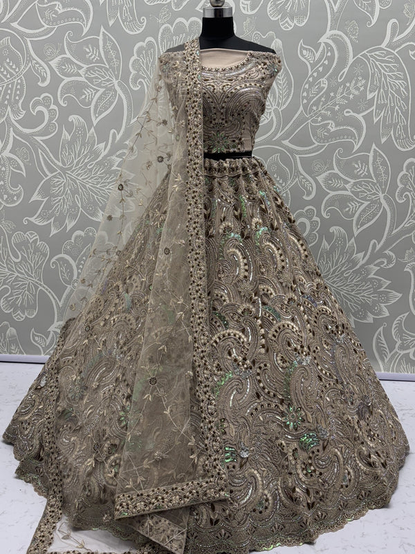 Sweet Beige Zircon Diamond Net Reception Wear Lehenga Choli With Dupatta