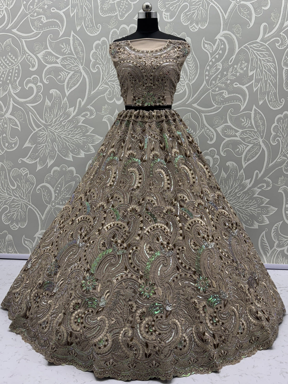 Sweet Beige Zircon Diamond Net Reception Wear Lehenga Choli With Dupatta