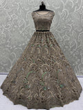 Sweet Beige Zircon Diamond Net Reception Wear Lehenga Choli With Dupatta
