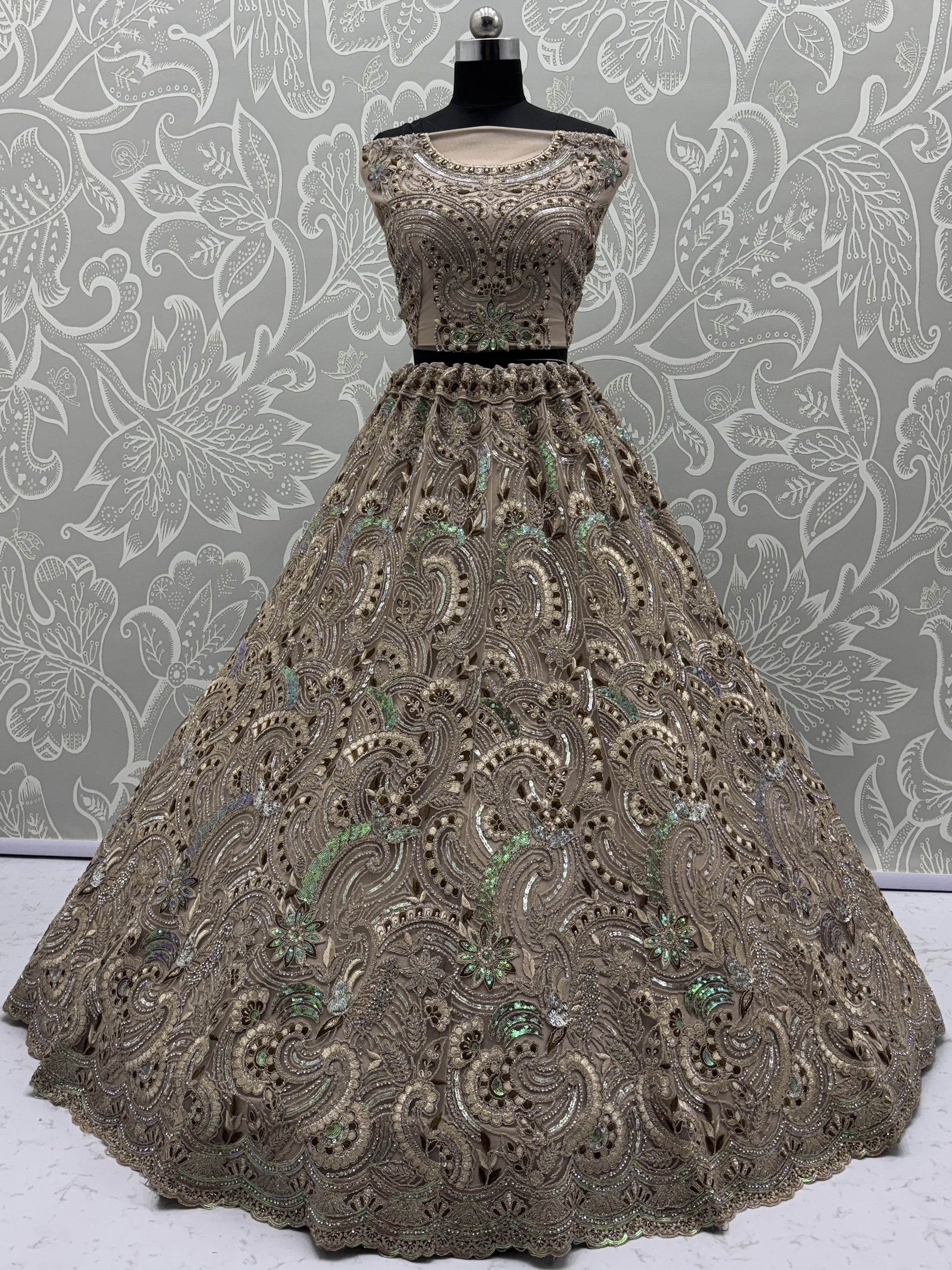 Sweet Beige Zircon Diamond Net Reception Wear Lehenga Choli With Dupatta