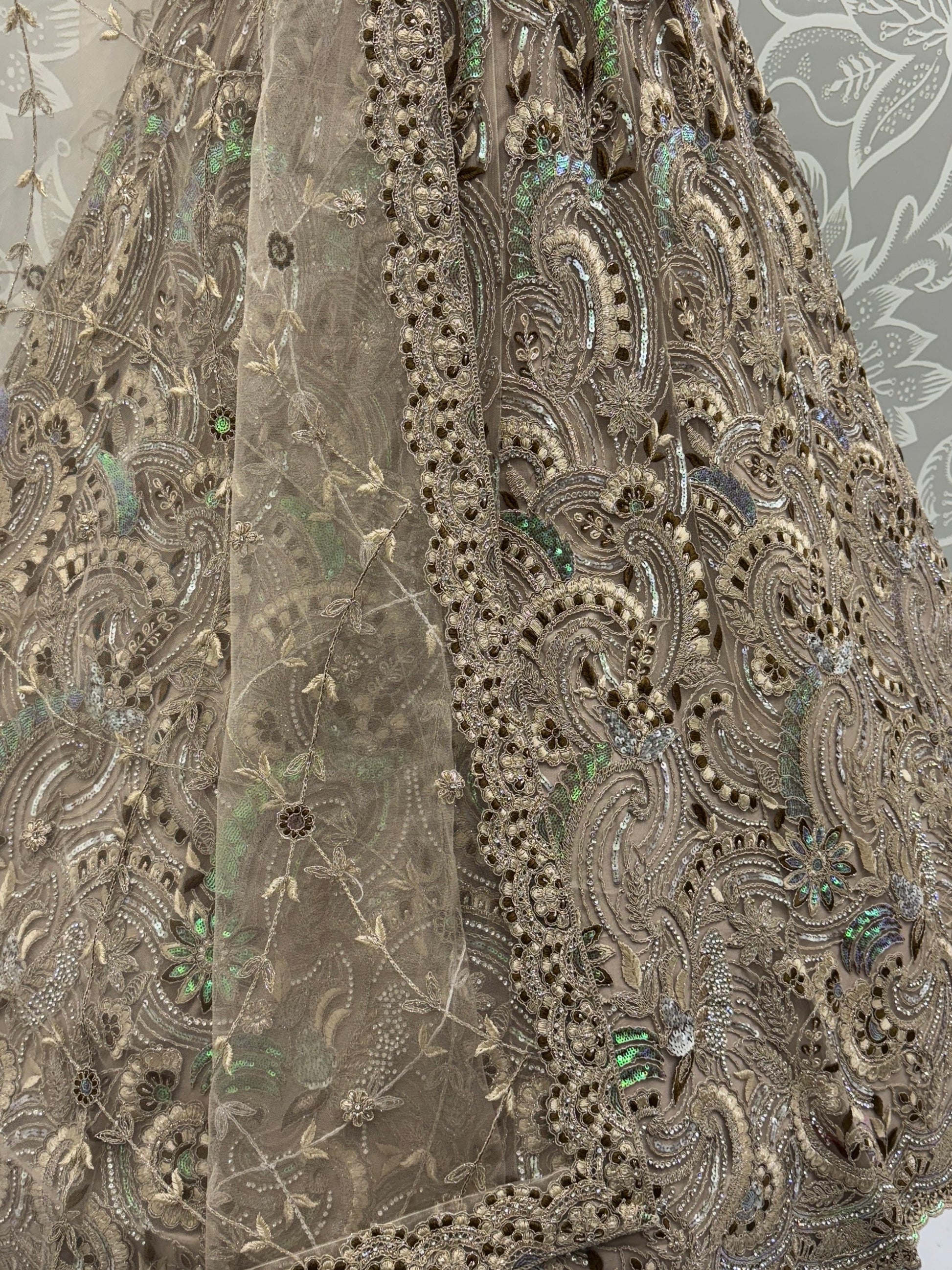 Sweet Beige Zircon Diamond Net Reception Wear Lehenga Choli With Dupatta