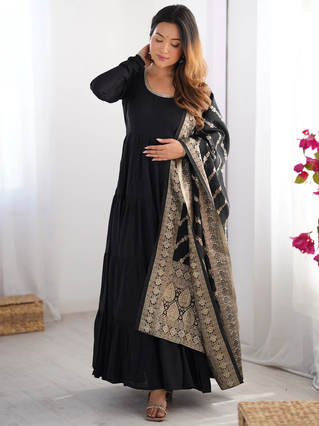 Sweet Black Chanderi Traditional Anarkali Suit With Banarasi Silk Dupatta - Zeel Clothing