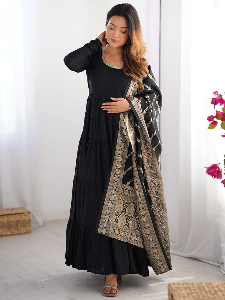 Sweet Black Chanderi Traditional Anarkali Suit With Banarasi Silk Dupatta - Zeel Clothing