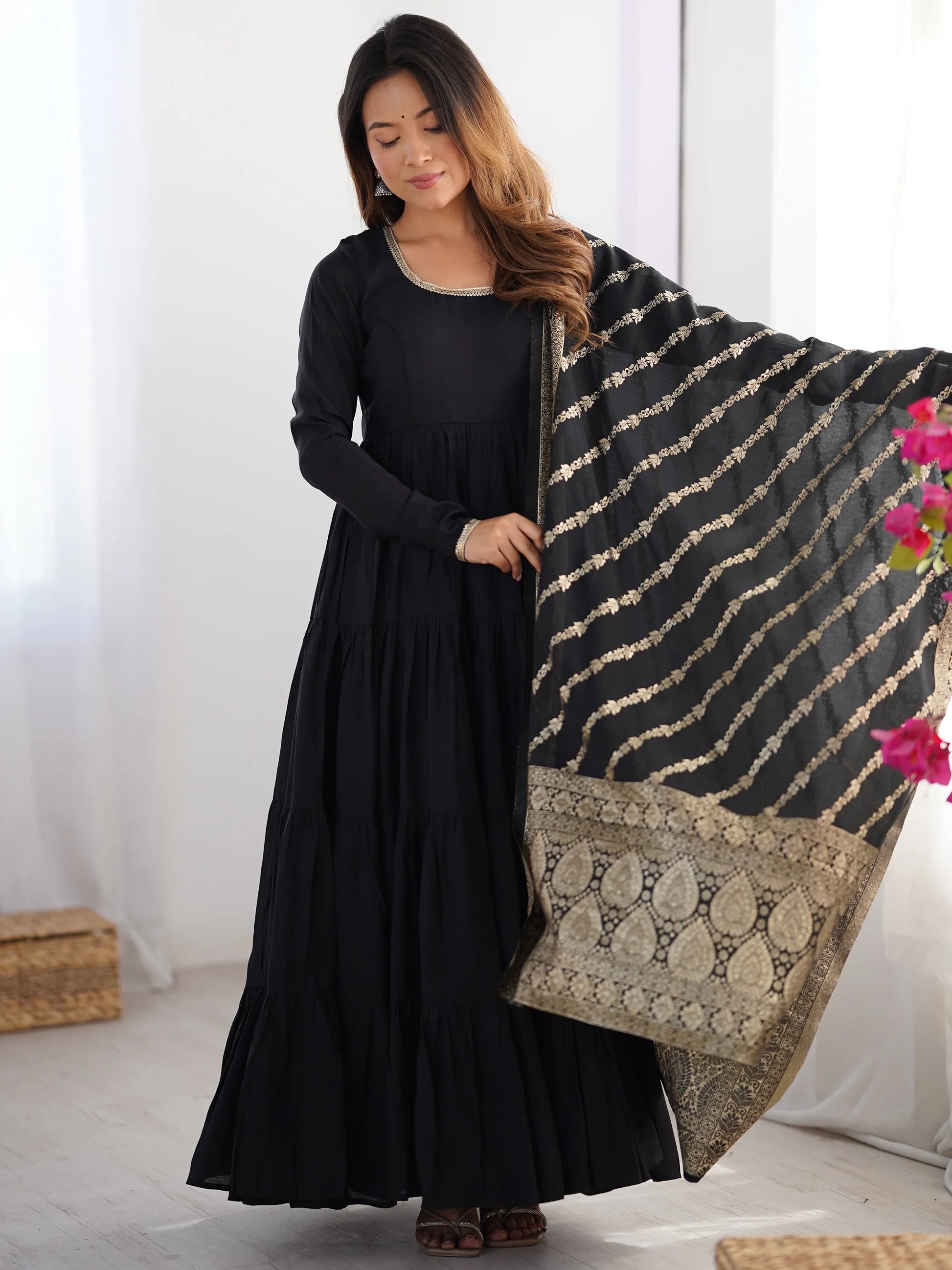 Sweet Black Chanderi Traditional Anarkali Suit With Banarasi Silk Dupatta - Zeel Clothing
