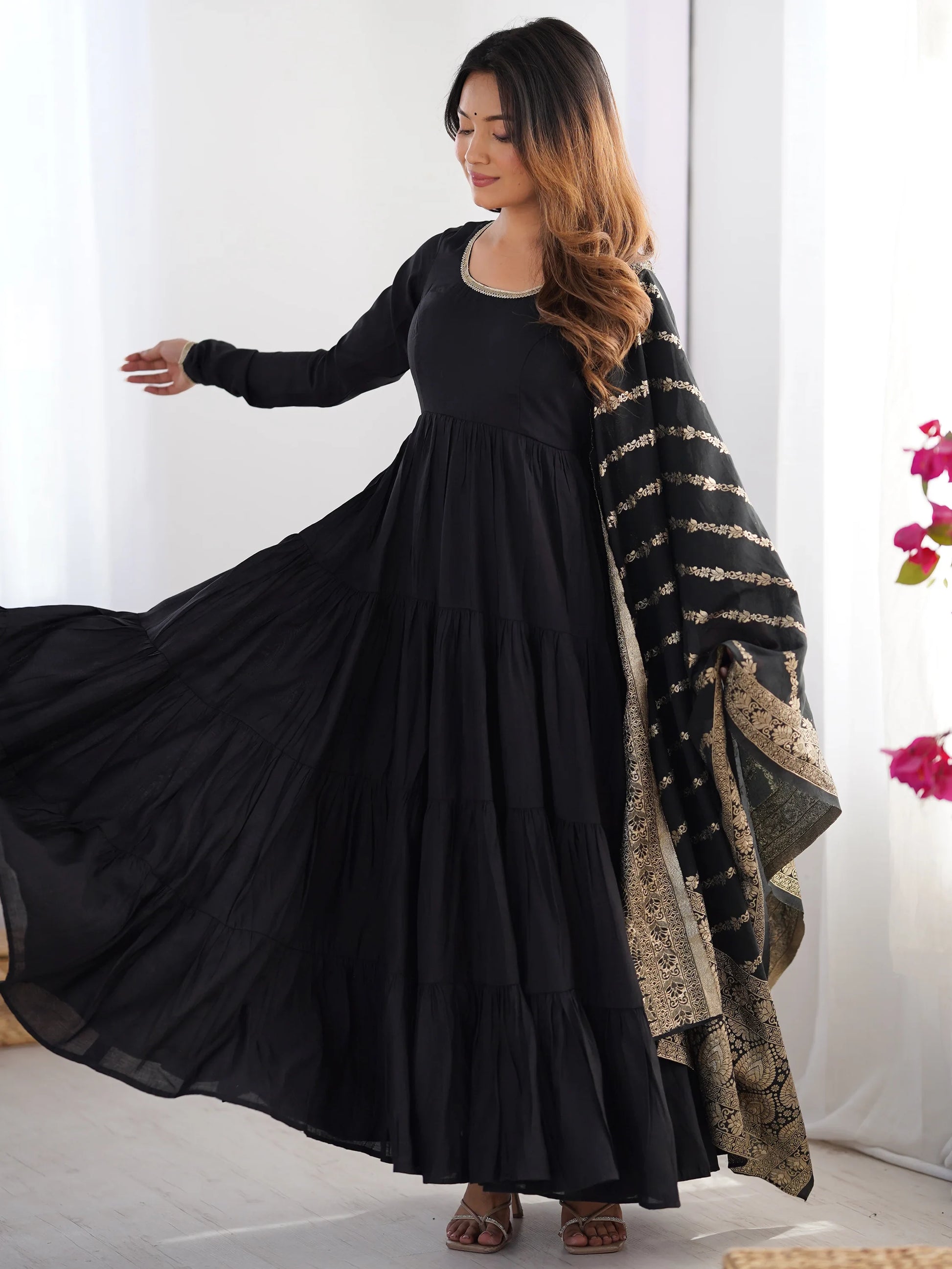 Sweet Black Chanderi Traditional Anarkali Suit With Banarasi Silk Dupatta - Zeel Clothing