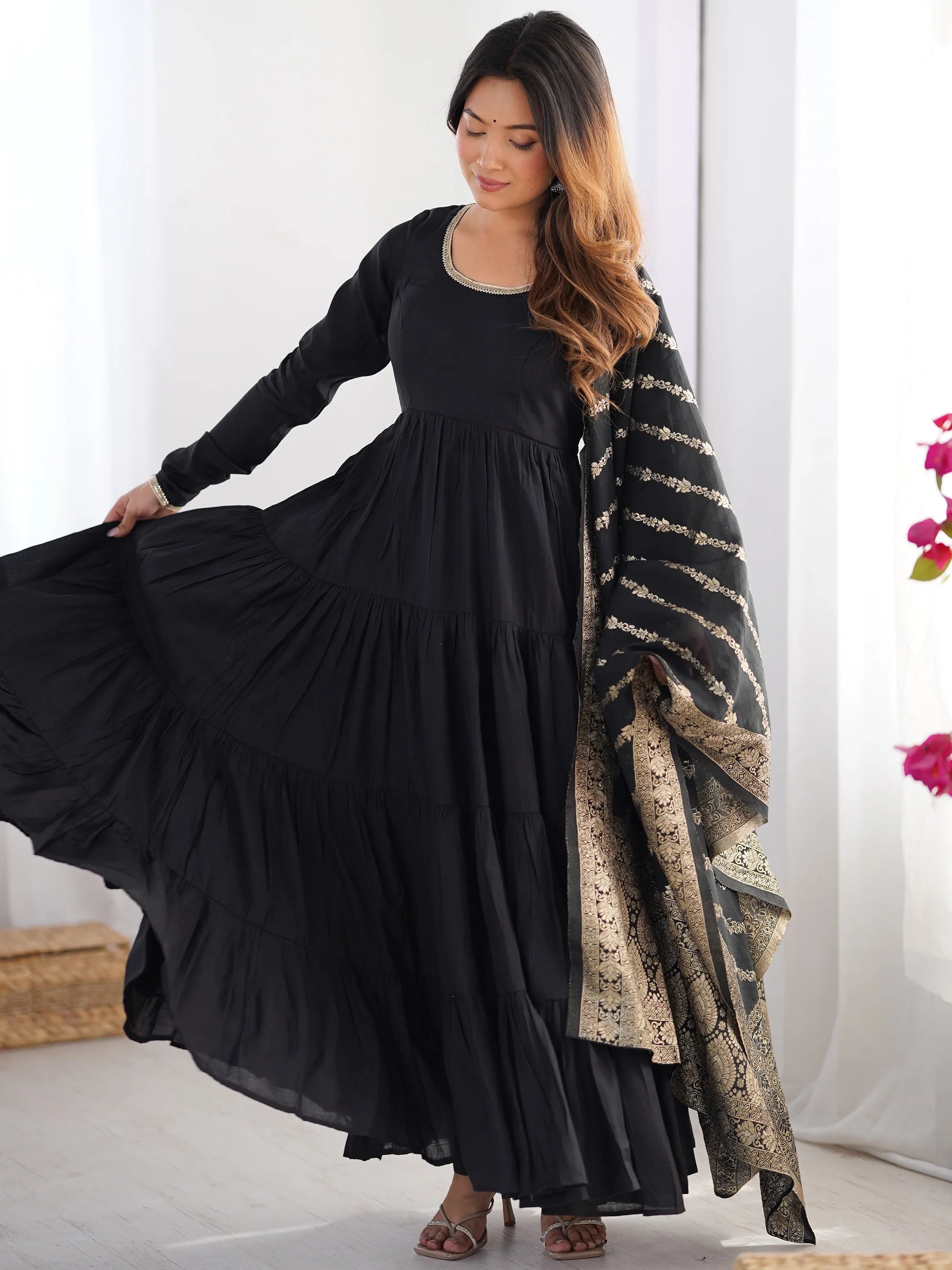 Sweet Black Chanderi Traditional Anarkali Suit With Banarasi Silk Dupatta - Zeel Clothing