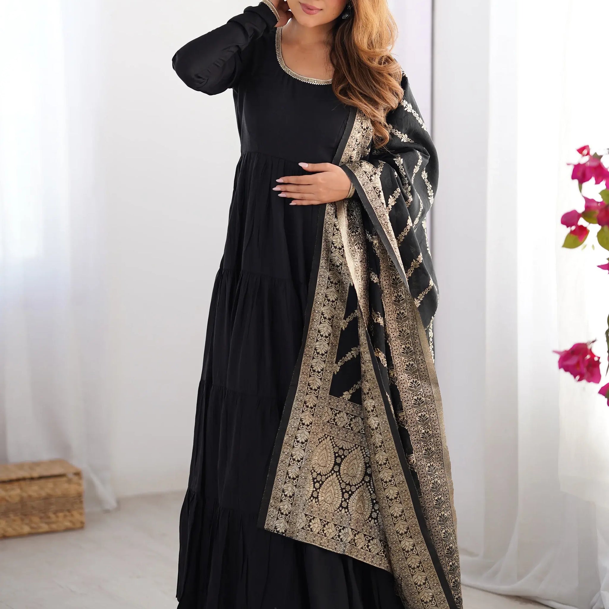 Sweet Black Chanderi Traditional Anarkali Suit With Banarasi Silk Dupatta - Zeel Clothing