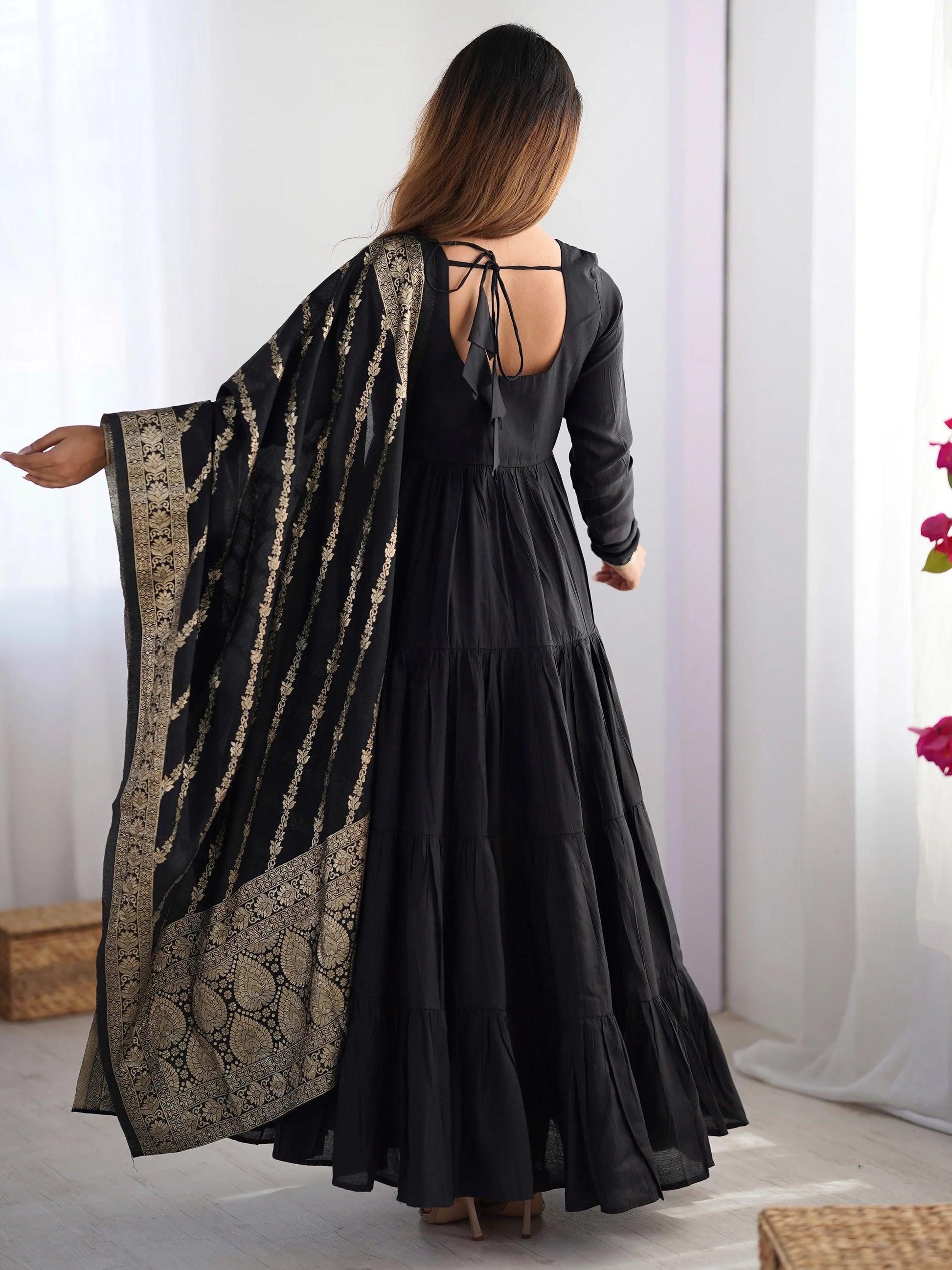 Sweet Black Chanderi Traditional Anarkali Suit With Banarasi Silk Dupatta - Zeel Clothing