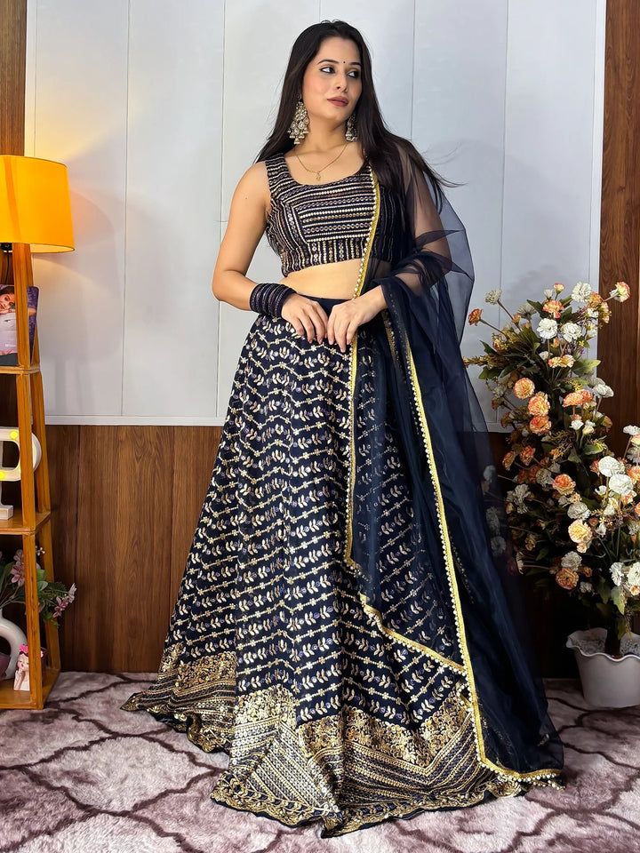 Sweet Blue Zari Embroidered Georgette Lehenga Choli With Dupatta - Zeel Clothing