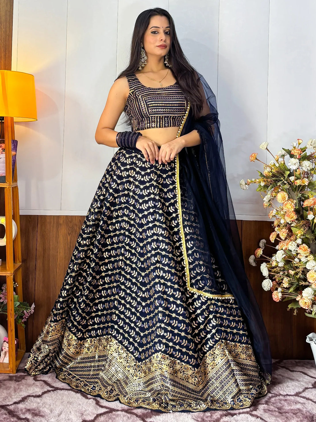 Sweet Blue Zari Embroidered Georgette Lehenga Choli With Dupatta - Zeel Clothing