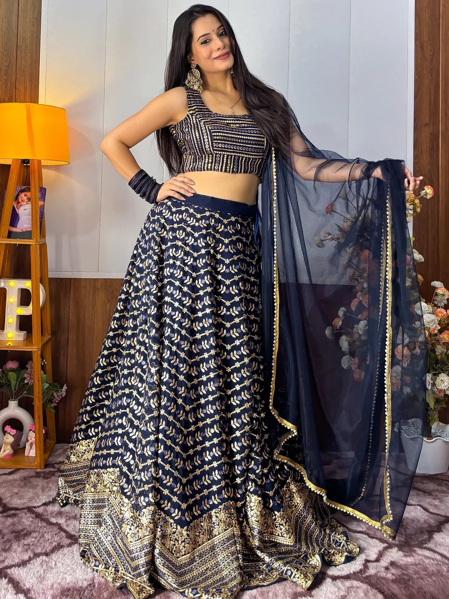 Sweet Blue Zari Embroidered Georgette Lehenga Choli With Dupatta - Zeel Clothing