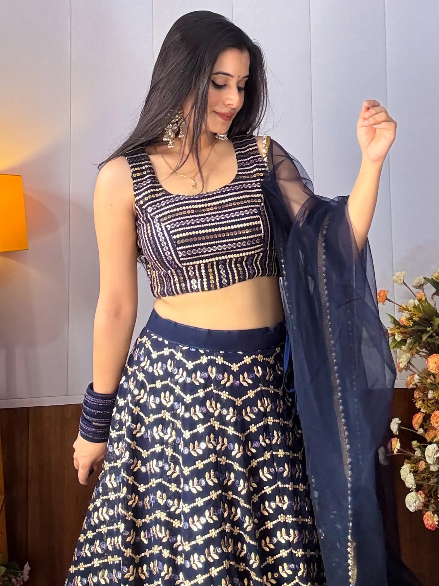 Sweet Blue Zari Embroidered Georgette Lehenga Choli With Dupatta - Zeel Clothing