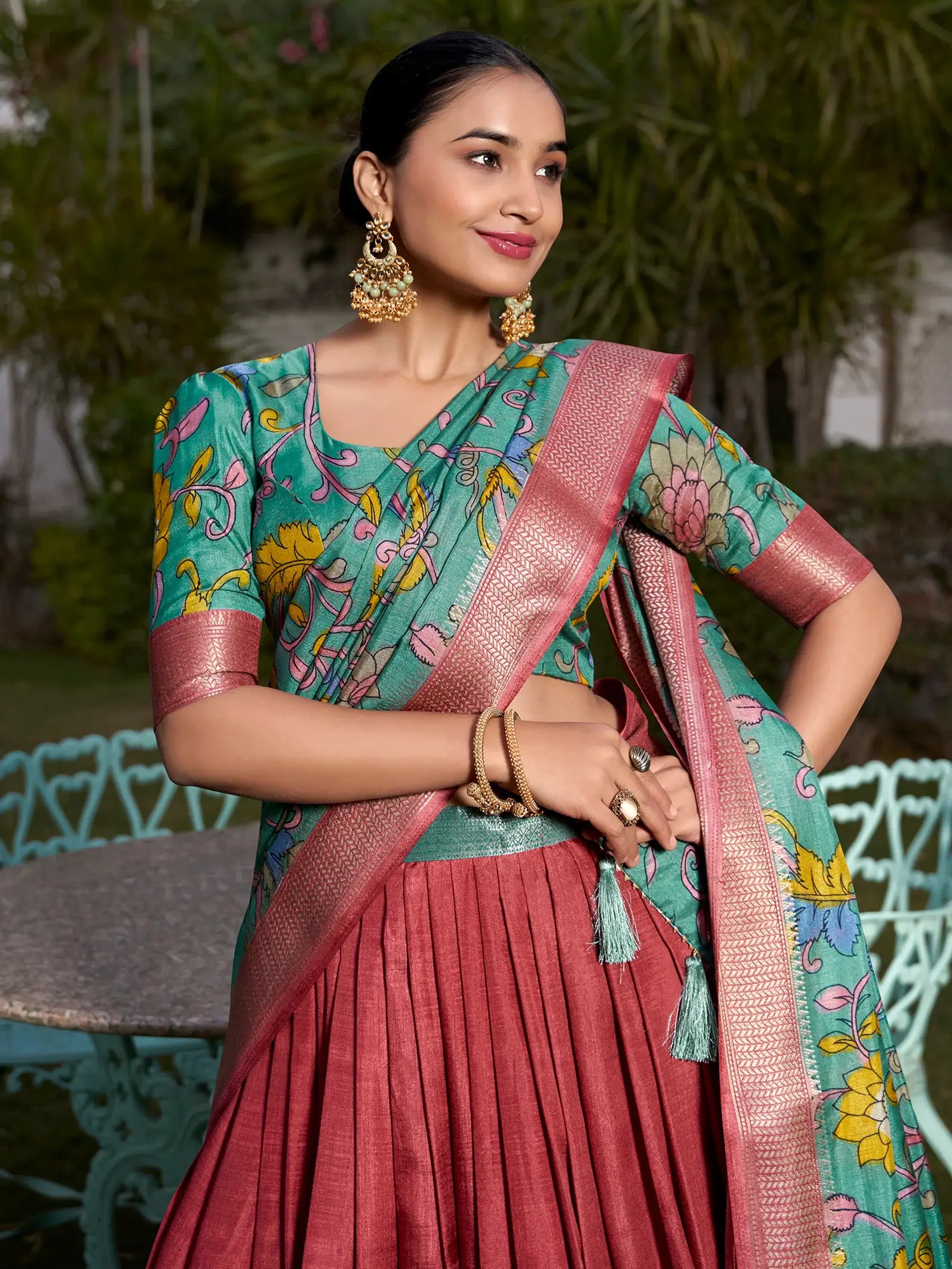 Sweet Coral Red Kalamkari Printed Dola Silk Lehenga Choli With Dupatta - Zeel Clothing