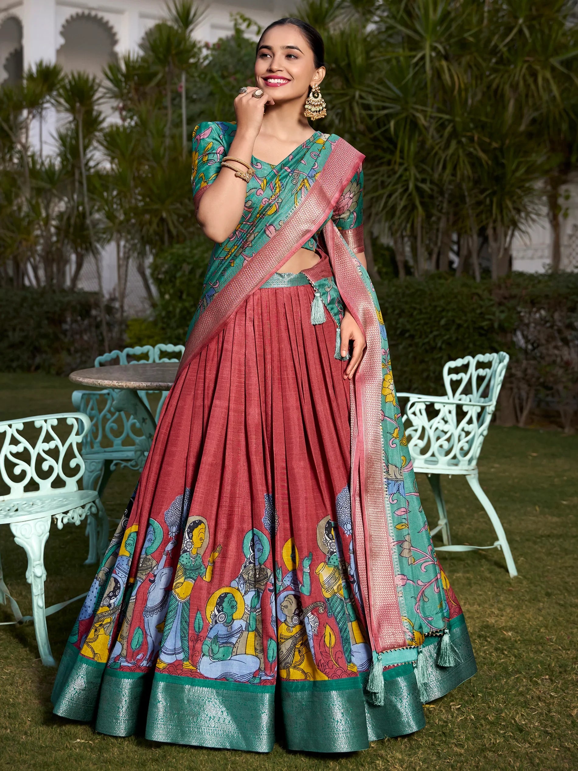 Sweet Coral Red Kalamkari Printed Dola Silk Lehenga Choli With Dupatta - Zeel Clothing