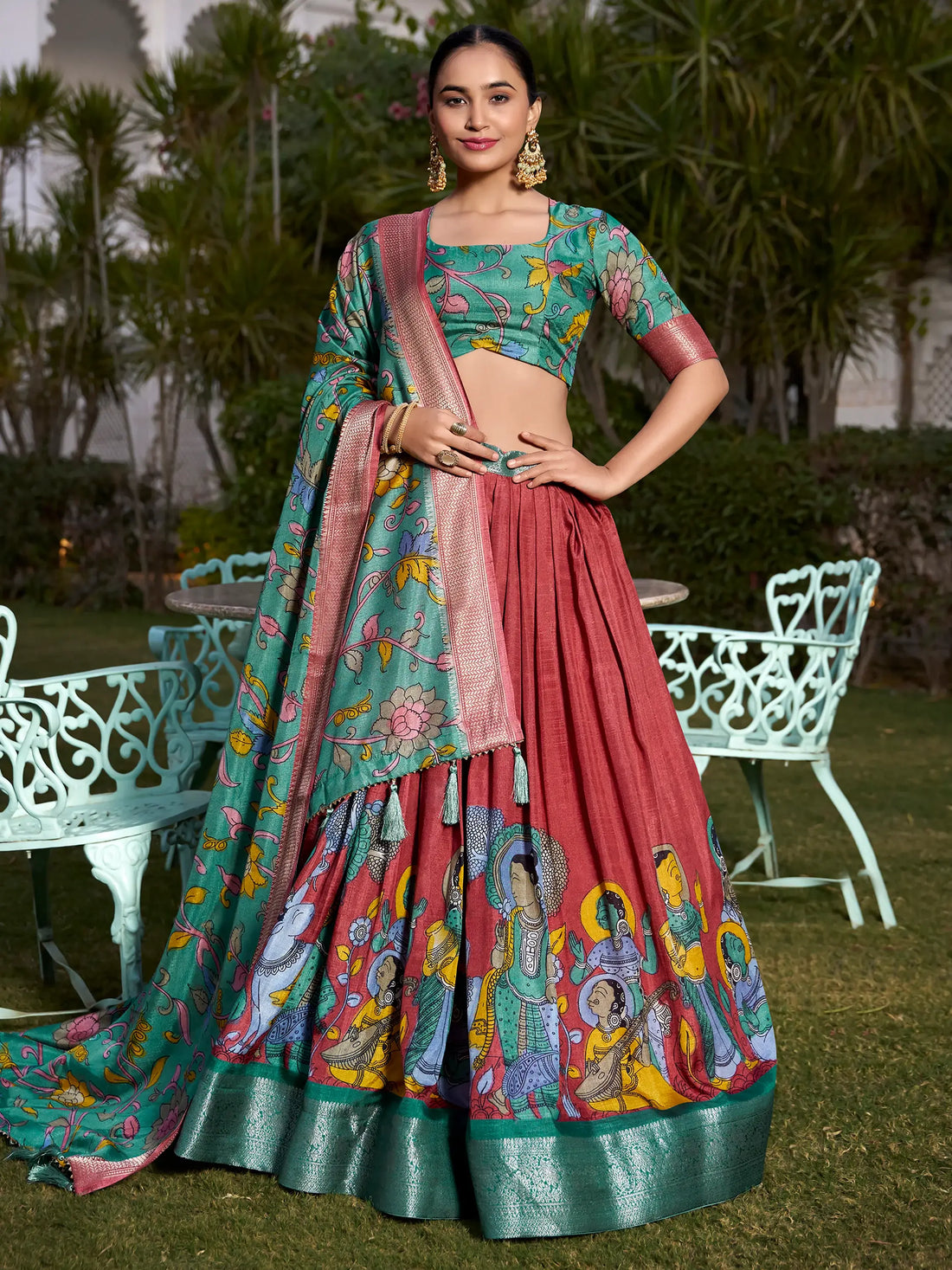 Sweet Coral Red Kalamkari Printed Dola Silk Lehenga Choli With Dupatta - Zeel Clothing