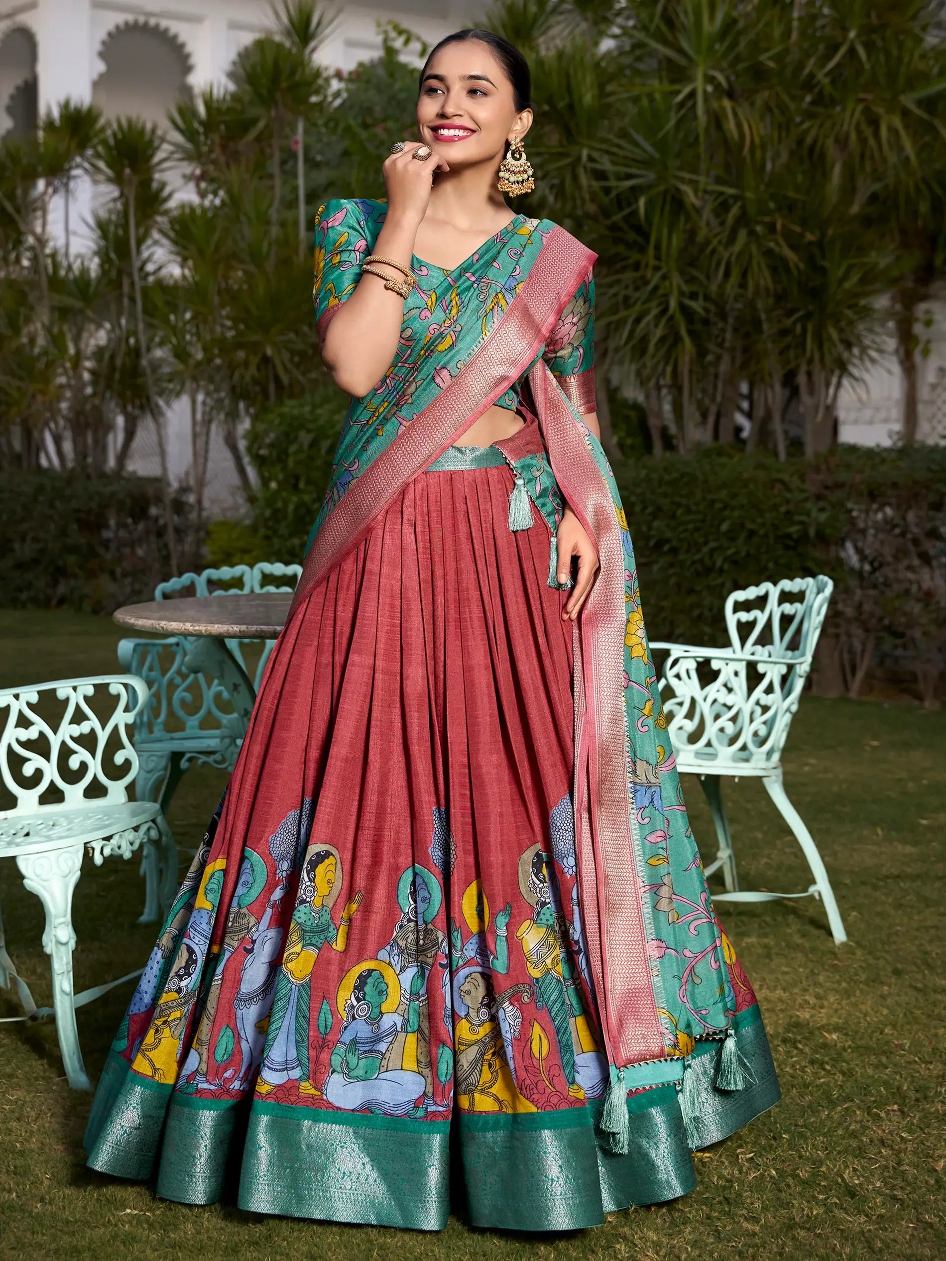 Sweet Coral Red Kalamkari Printed Dola Silk Lehenga Choli With Dupatta - Zeel Clothing