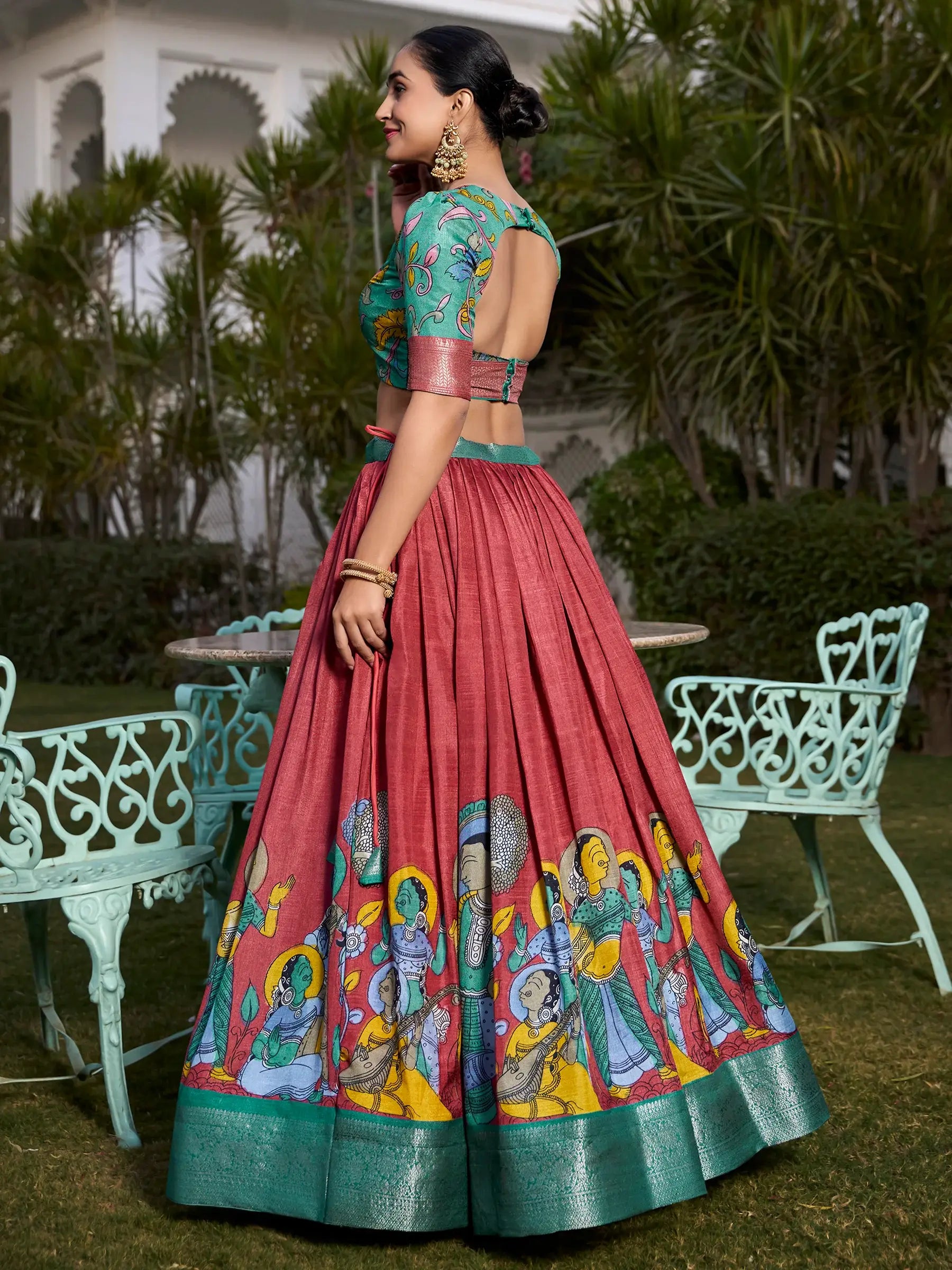 Sweet Coral Red Kalamkari Printed Dola Silk Lehenga Choli With Dupatta - Zeel Clothing