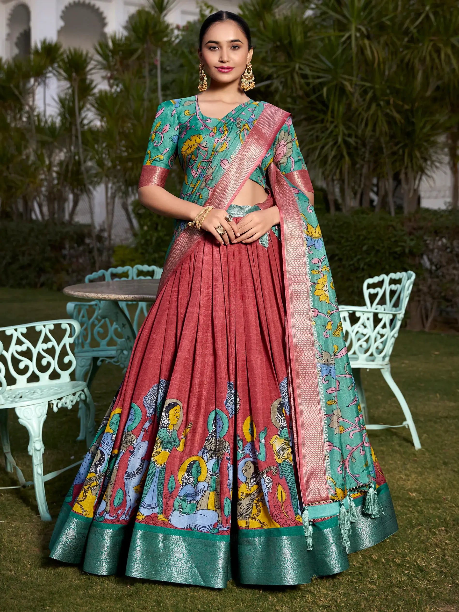 Sweet Coral Red Kalamkari Printed Dola Silk Lehenga Choli With Dupatta - Zeel Clothing