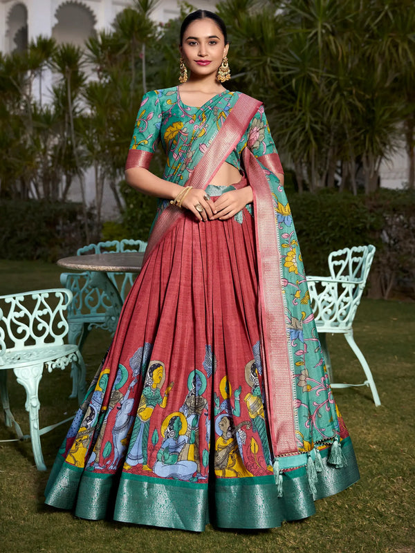 Sweet Coral Red Kalamkari Printed Dola Silk Lehenga Choli With Dupatta - Zeel Clothing