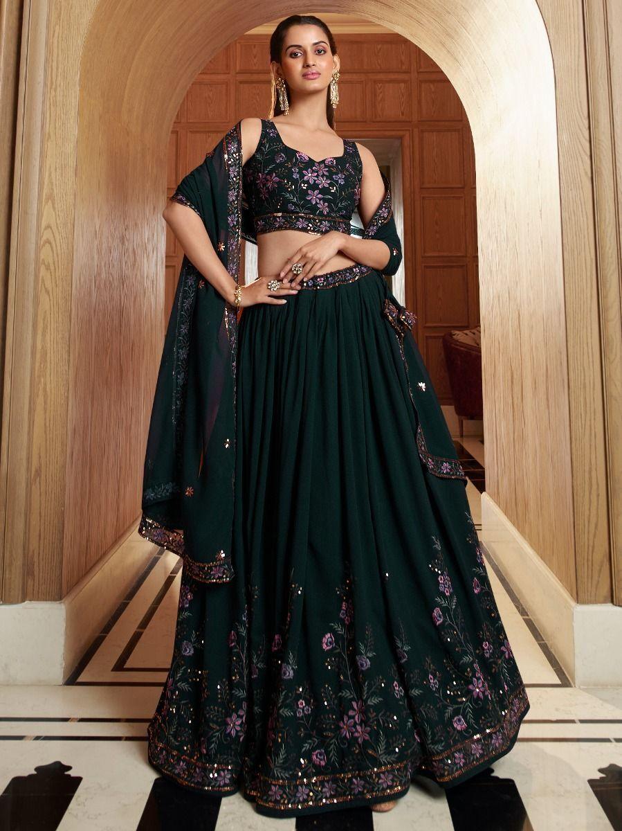 Sweet Green Sequins Embroidered Georgette Wedding Lehenga Choli - Zeel Clothing