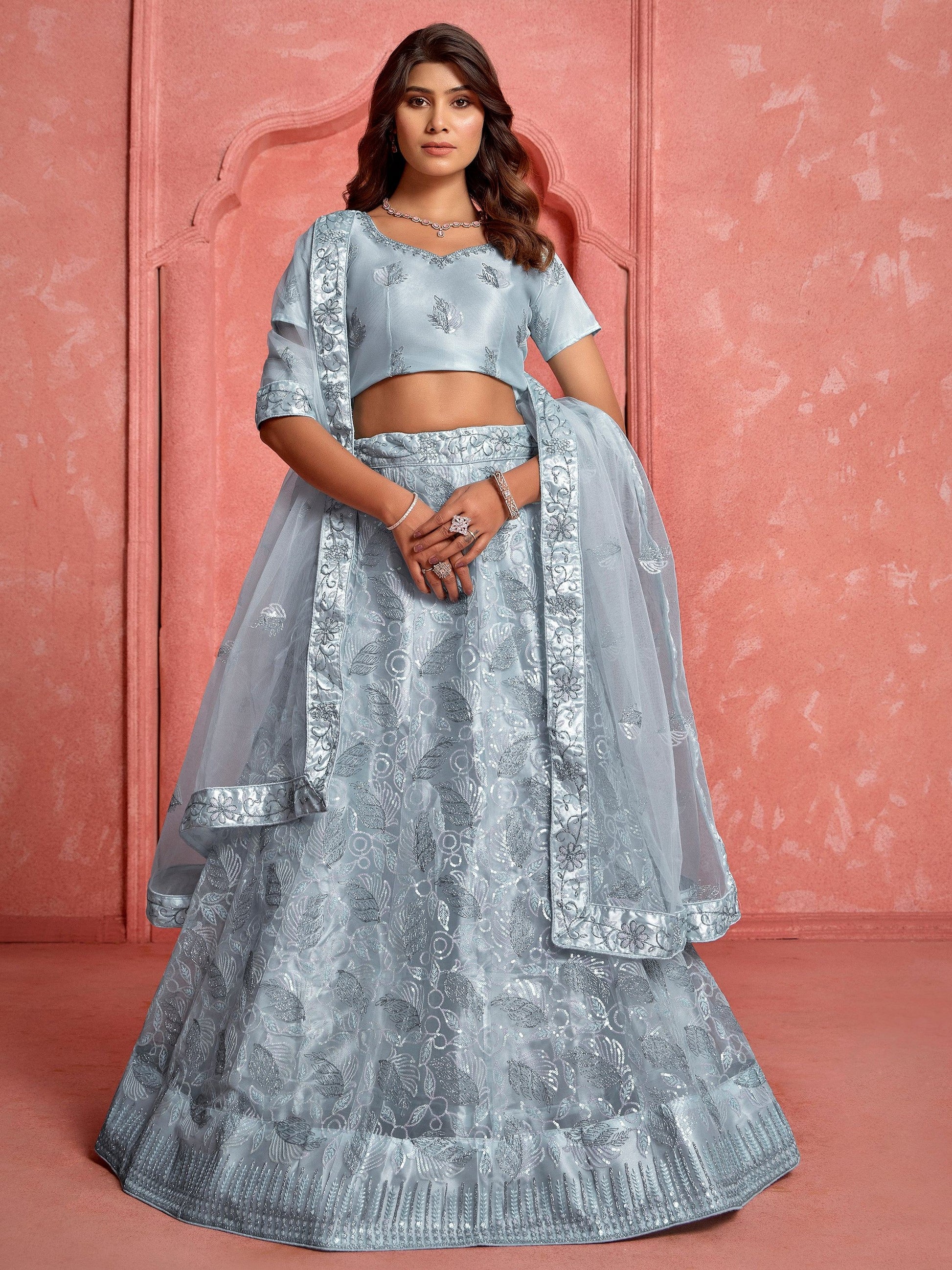 Sweet Grey Sequins Net Party Wear Lehenga Choli With Dupatta - Zeel Clothing