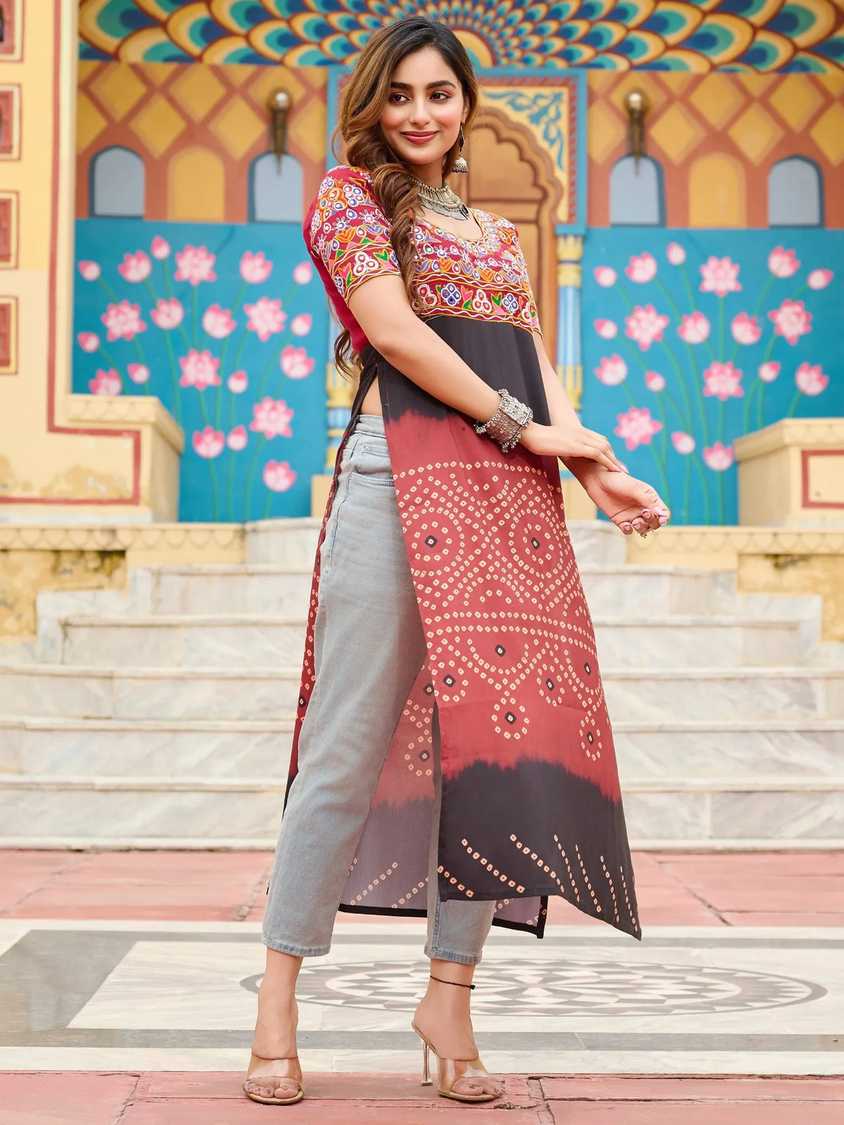 Sweet Maroon Kutchi Gamthi Work Georgette Navratri Special Long Kurti - Zeel Clothing