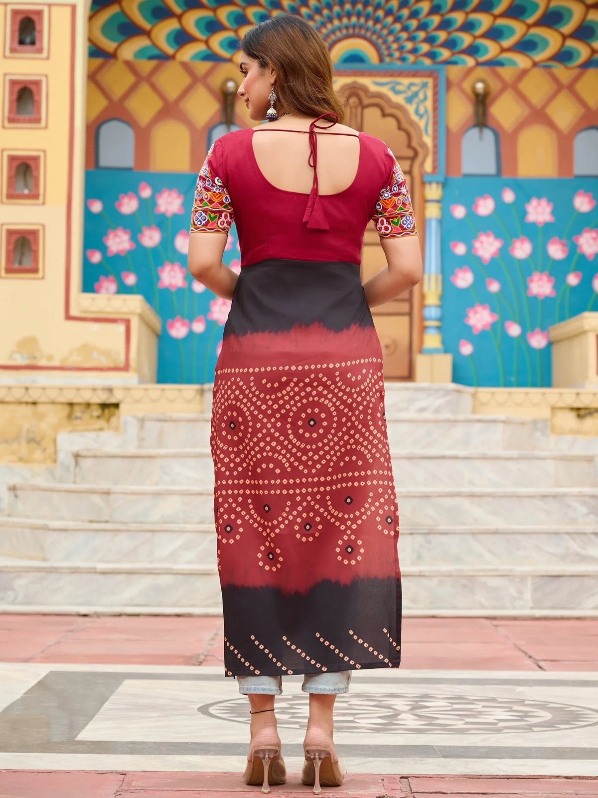 Sweet Maroon Kutchi Gamthi Work Georgette Navratri Special Long Kurti - Zeel Clothing