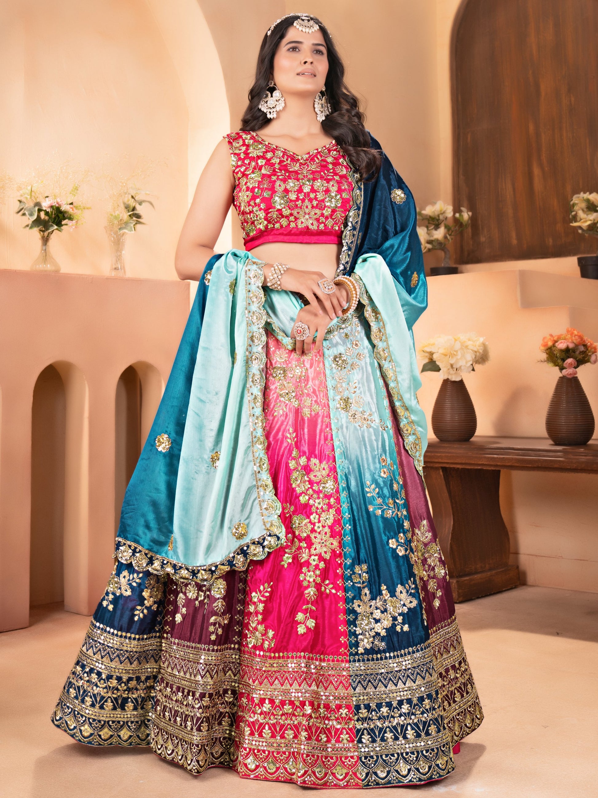 Sweet Multi-Color Sequins Embroidery Chinon Wedding Wear Lehenga Choli - Zeel Clothing