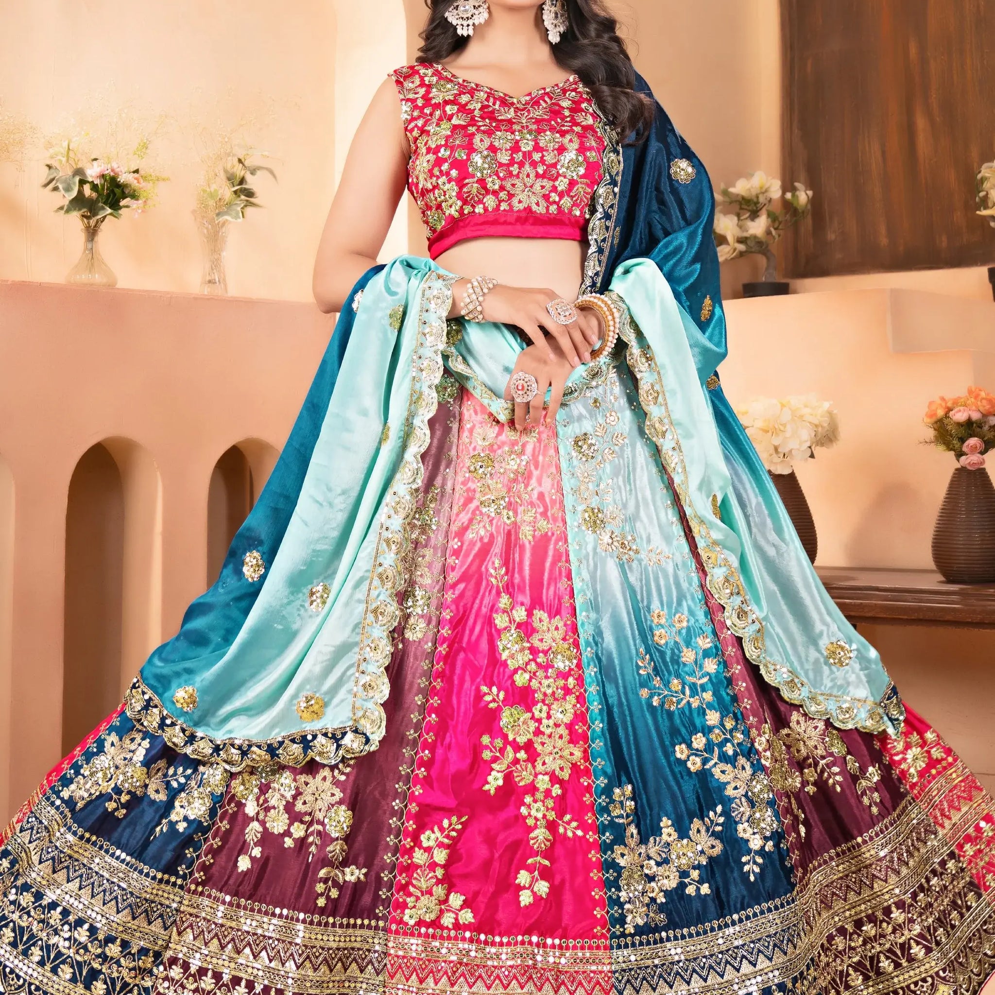 Sweet Multi-Color Sequins Embroidery Chinon Wedding Wear Lehenga Choli - Zeel Clothing