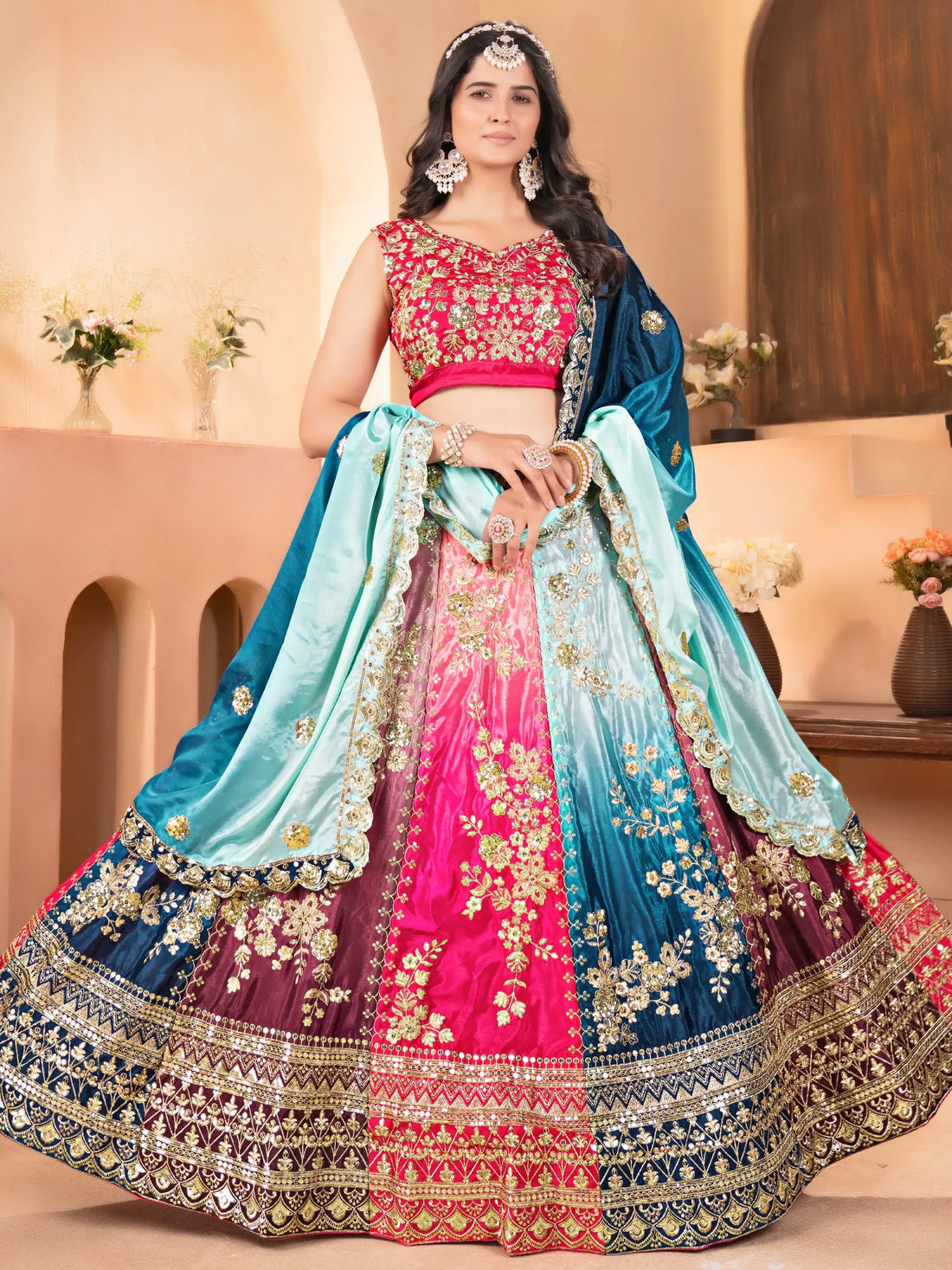 Sweet Multi-Color Sequins Embroidery Chinon Wedding Wear Lehenga Choli - Zeel Clothing