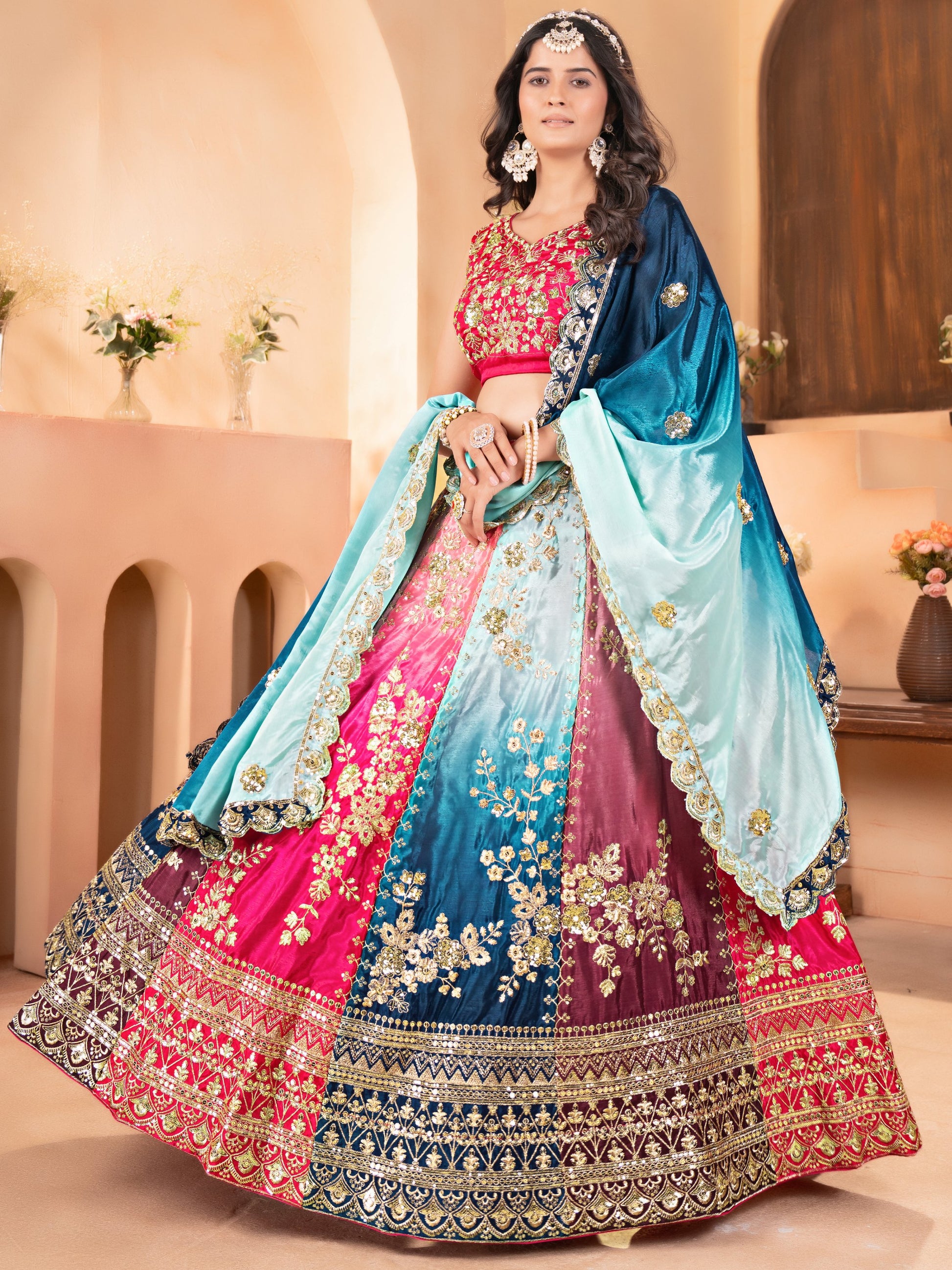 Sweet Multi-Color Sequins Embroidery Chinon Wedding Wear Lehenga Choli - Zeel Clothing