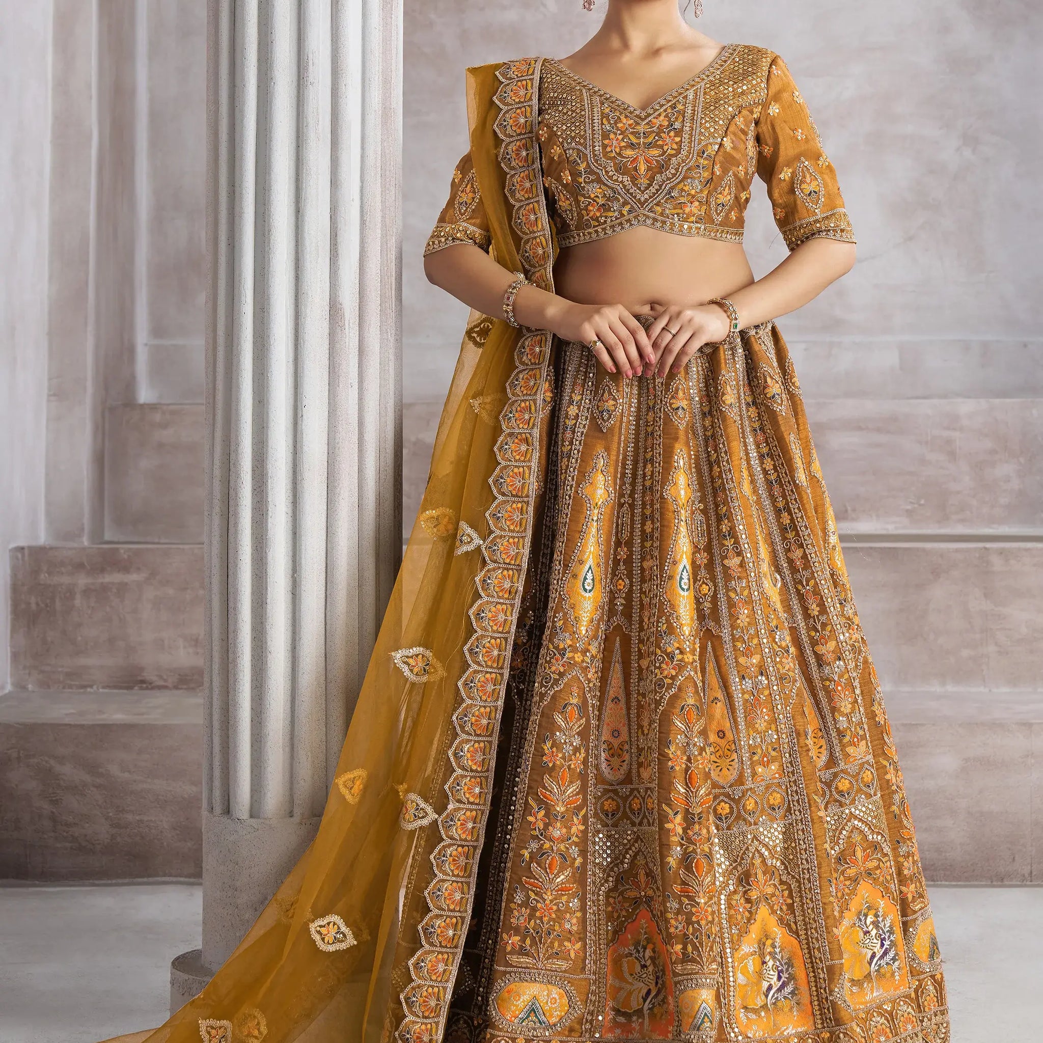 Sweet Mustard Yellow Thread Work Banarasi Silk Wedding Lehenga Choli - Zeel Clothing
