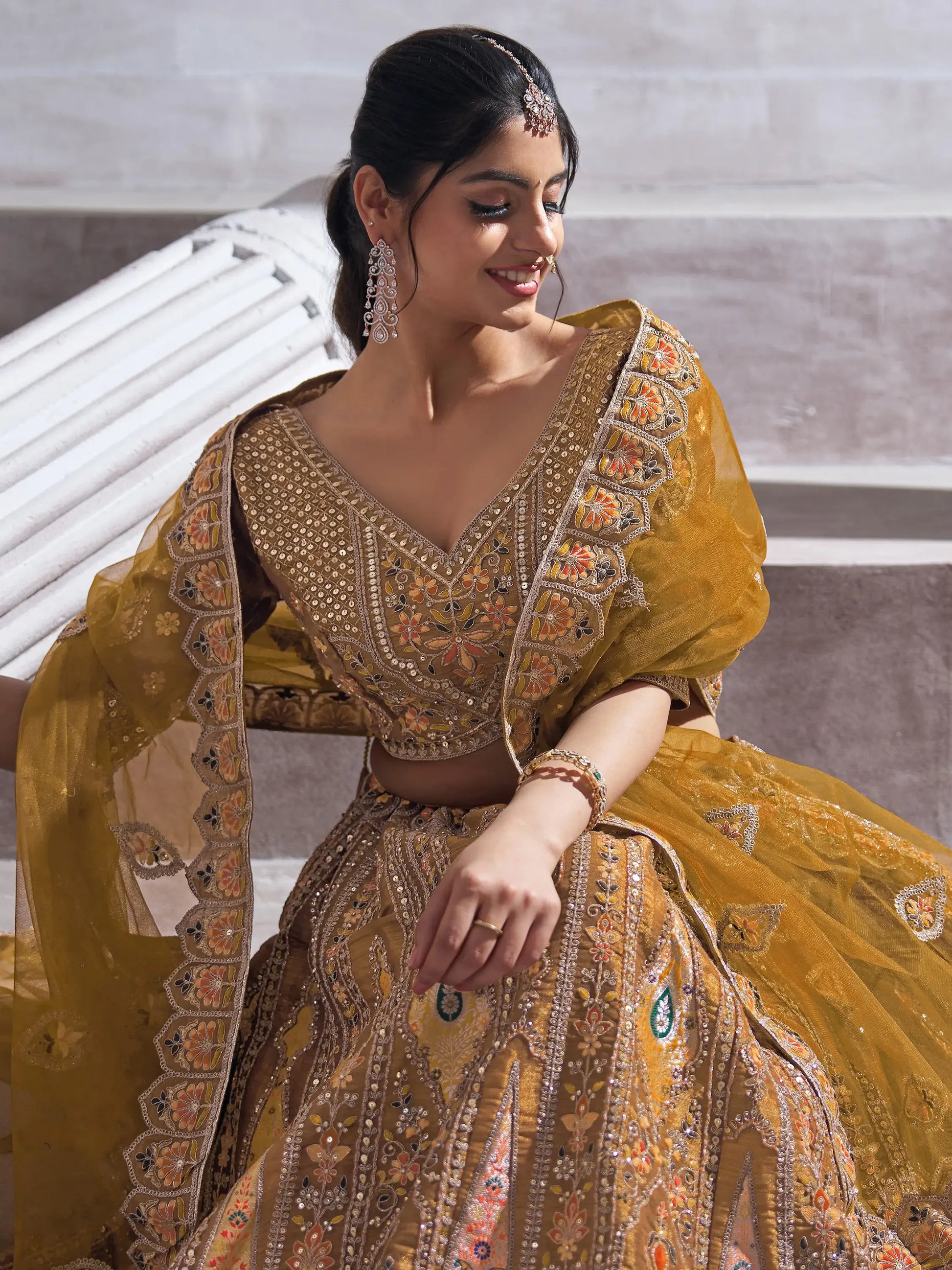 Sweet Mustard Yellow Thread Work Banarasi Silk Wedding Lehenga Choli - Zeel Clothing