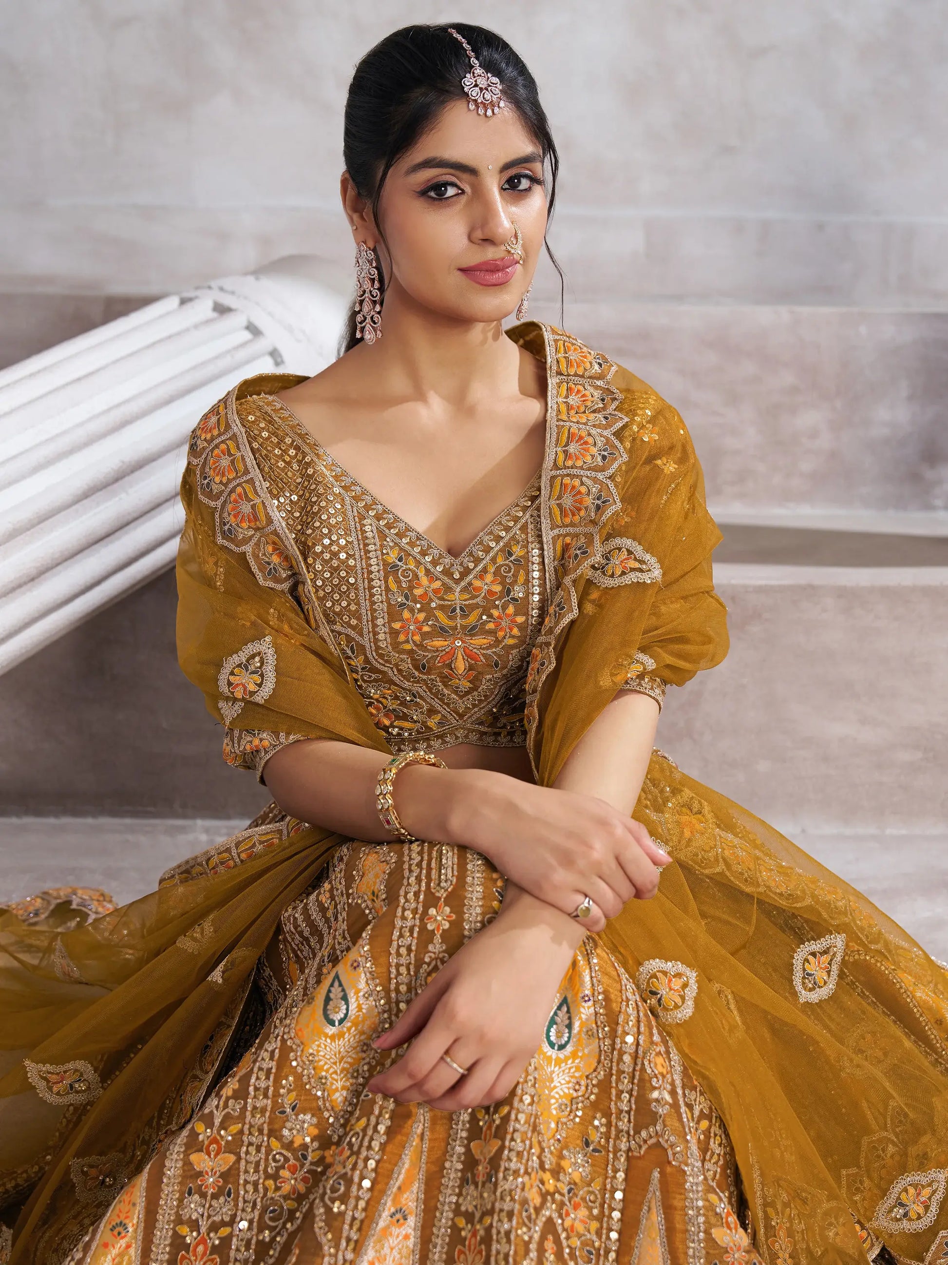 Sweet Mustard Yellow Thread Work Banarasi Silk Wedding Lehenga Choli - Zeel Clothing