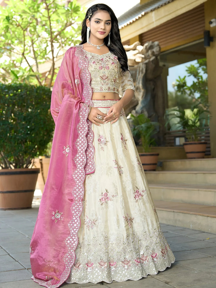Sweet Off-White Zarkan Work Jacquard Reception Wear Lehenga With Blouse - Zeel Clothing