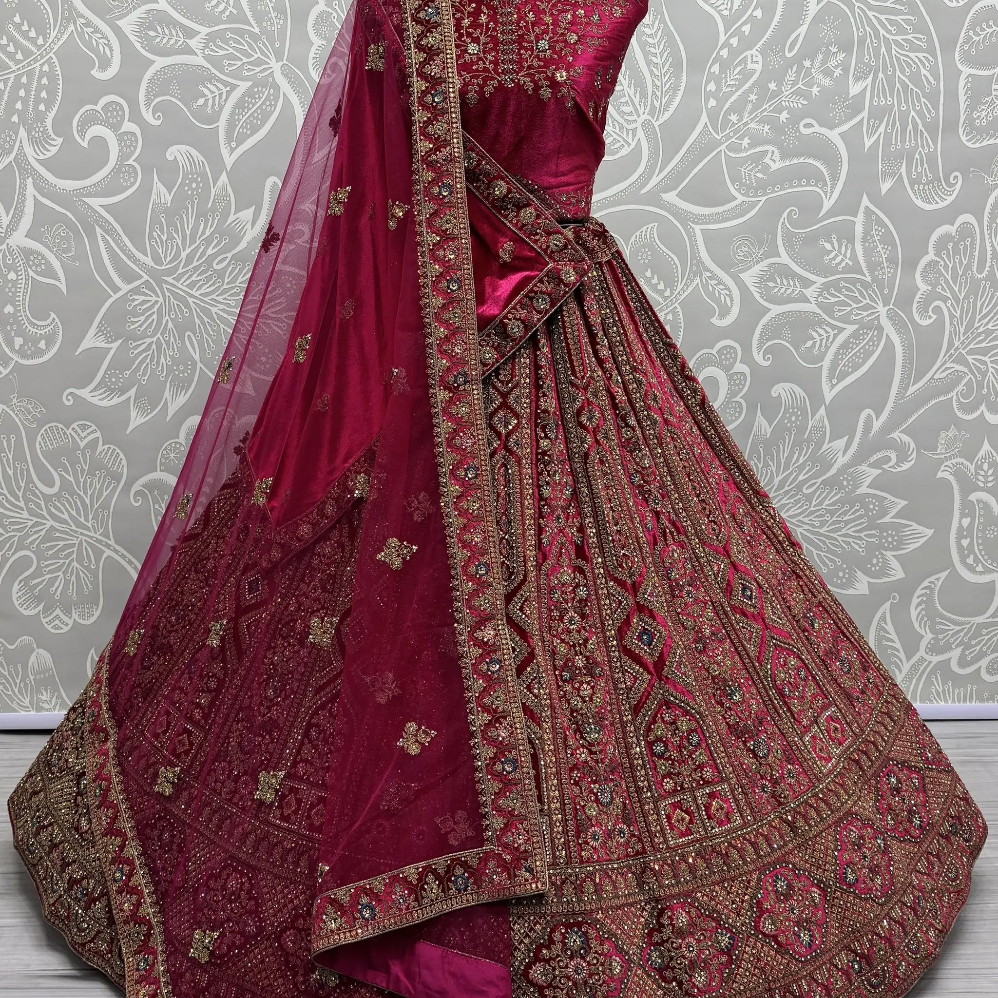 Sweet Pink Dori Work Velvet Bridal Lehenga Choli With Double Dupatta - Zeel Clothing