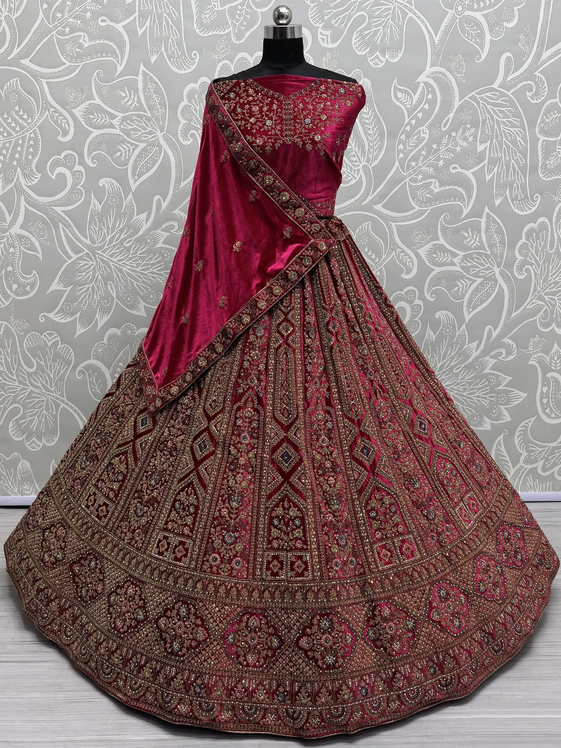 Sweet Pink Dori Work Velvet Bridal Lehenga Choli With Double Dupatta - Zeel Clothing