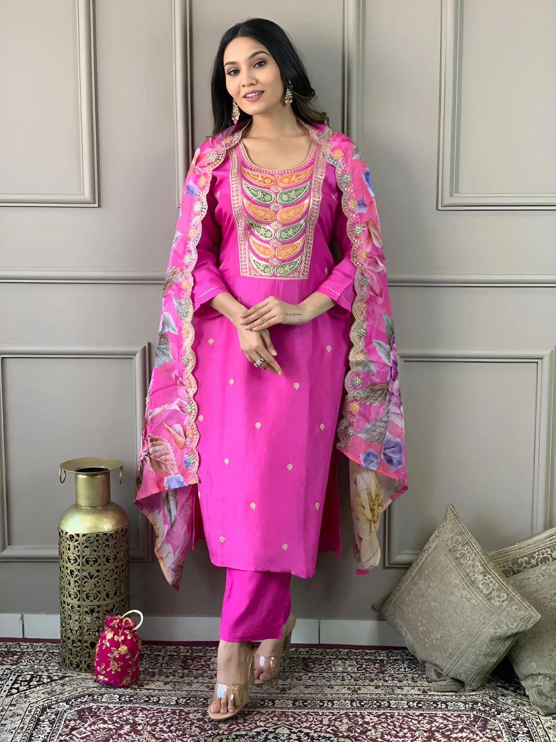 Sweet Pink Embroidered Chanderi Silk Event Wear Pant Suit With Dupatta - Zeel Clothing