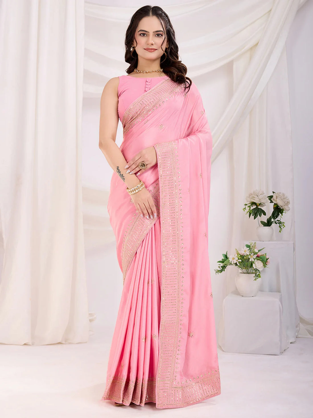 Sweet Pink Heavy Zari Border Work Chinon Silk Festive Wear Saree - Zeel Clothing