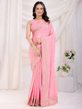 Sweet Pink Heavy Zari Border Work Chinon Silk Festive Wear Saree - Zeel Clothing