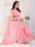 Sweet Pink Heavy Zari Border Work Chinon Silk Festive Wear Saree - Zeel Clothing