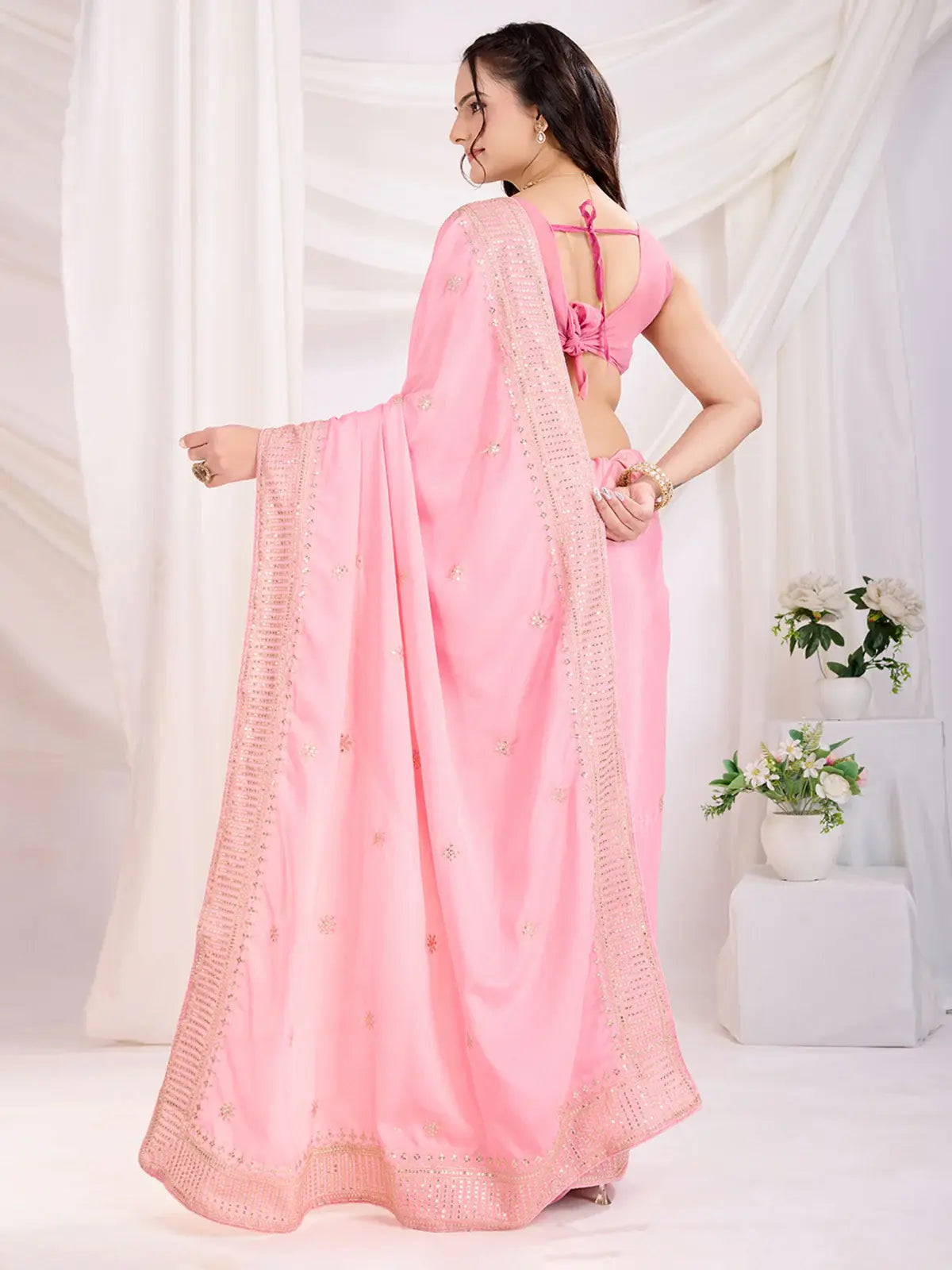 Sweet Pink Heavy Zari Border Work Chinon Silk Festive Wear Saree - Zeel Clothing