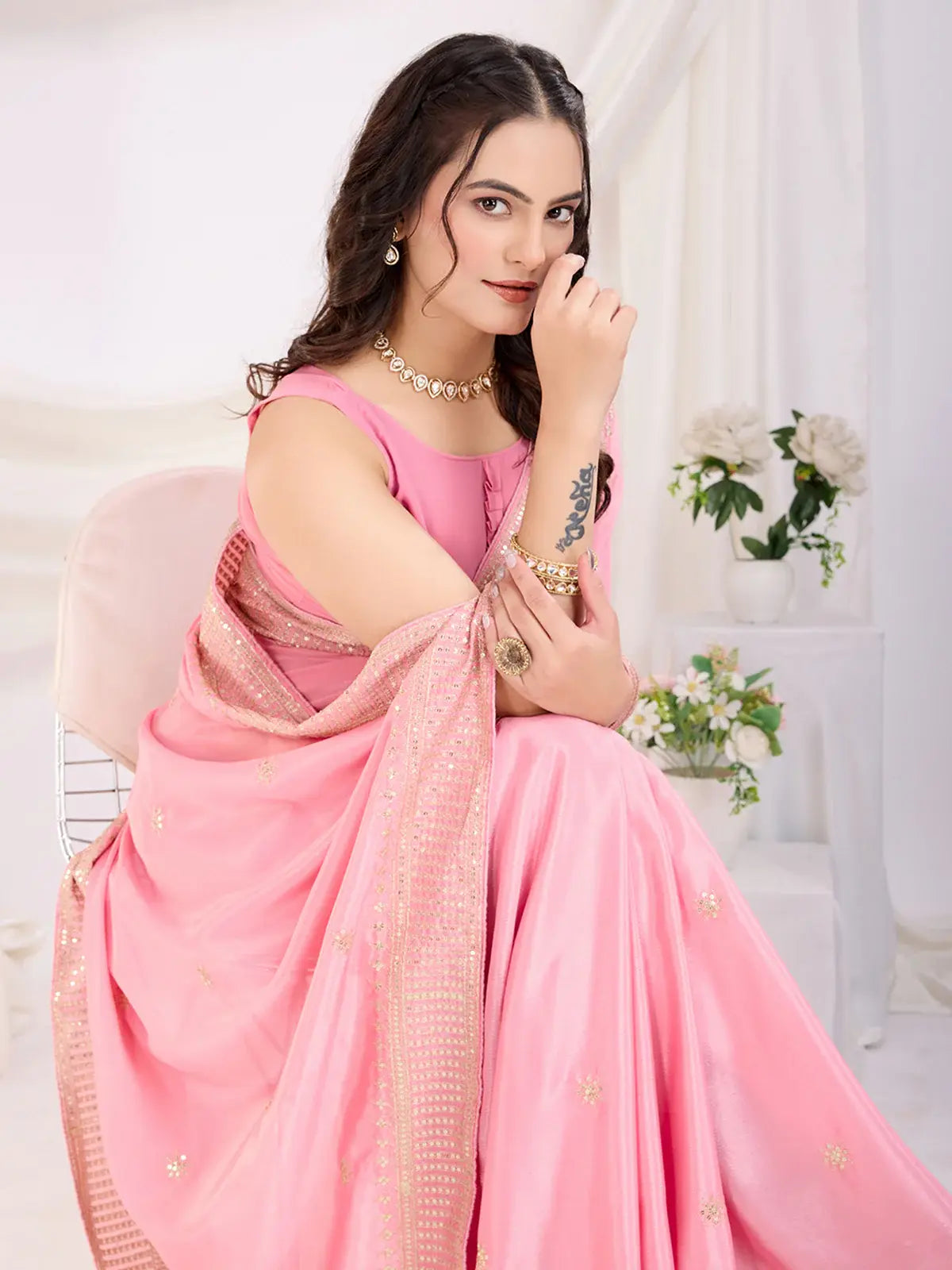 Sweet Pink Heavy Zari Border Work Chinon Silk Festive Wear Saree - Zeel Clothing