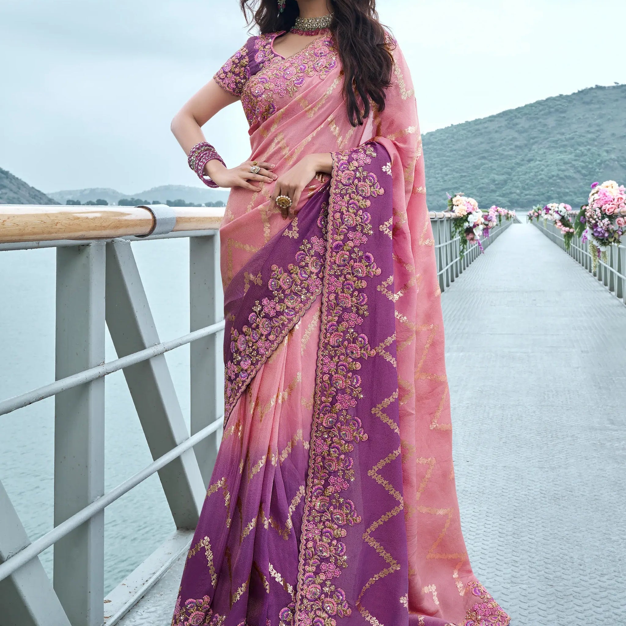 Sweet Pink Zari Weaving Organza Silk Wedding Wear Saree - Zeel Clothing