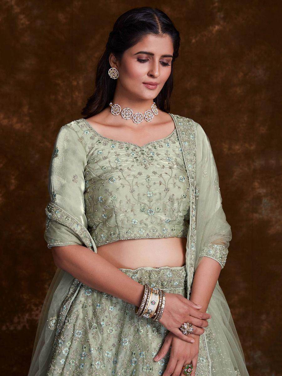 Sweet Pista-Green Stone Work Organza Engagement Wear Lehenga Choli - Zeel Clothing