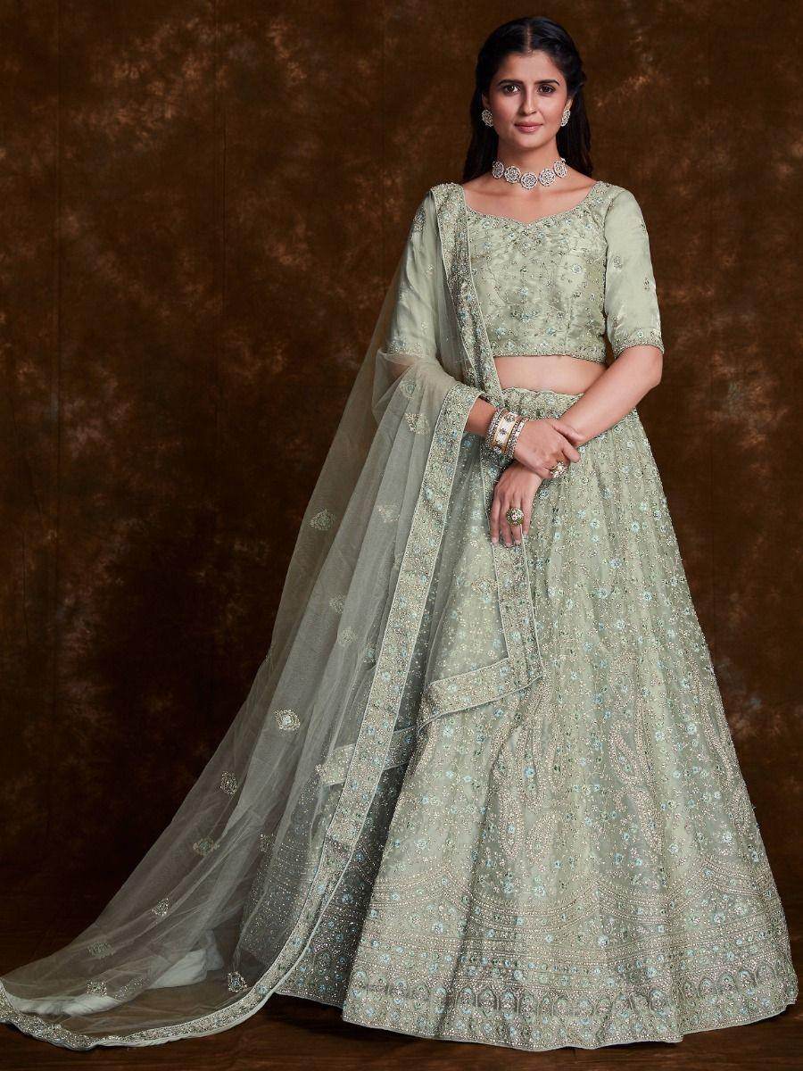 Sweet Pista-Green Stone Work Organza Engagement Wear Lehenga Choli - Zeel Clothing