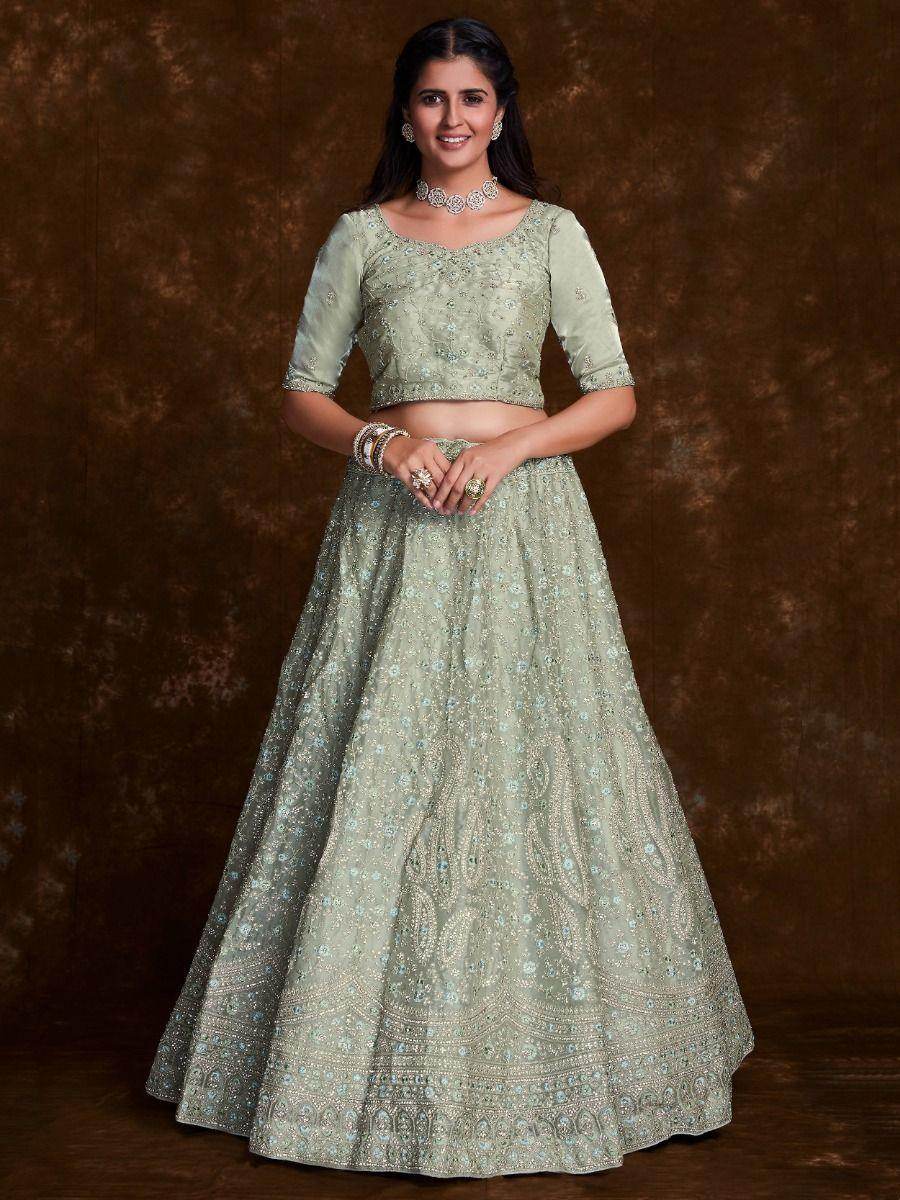 Sweet Pista-Green Stone Work Organza Engagement Wear Lehenga Choli - Zeel Clothing