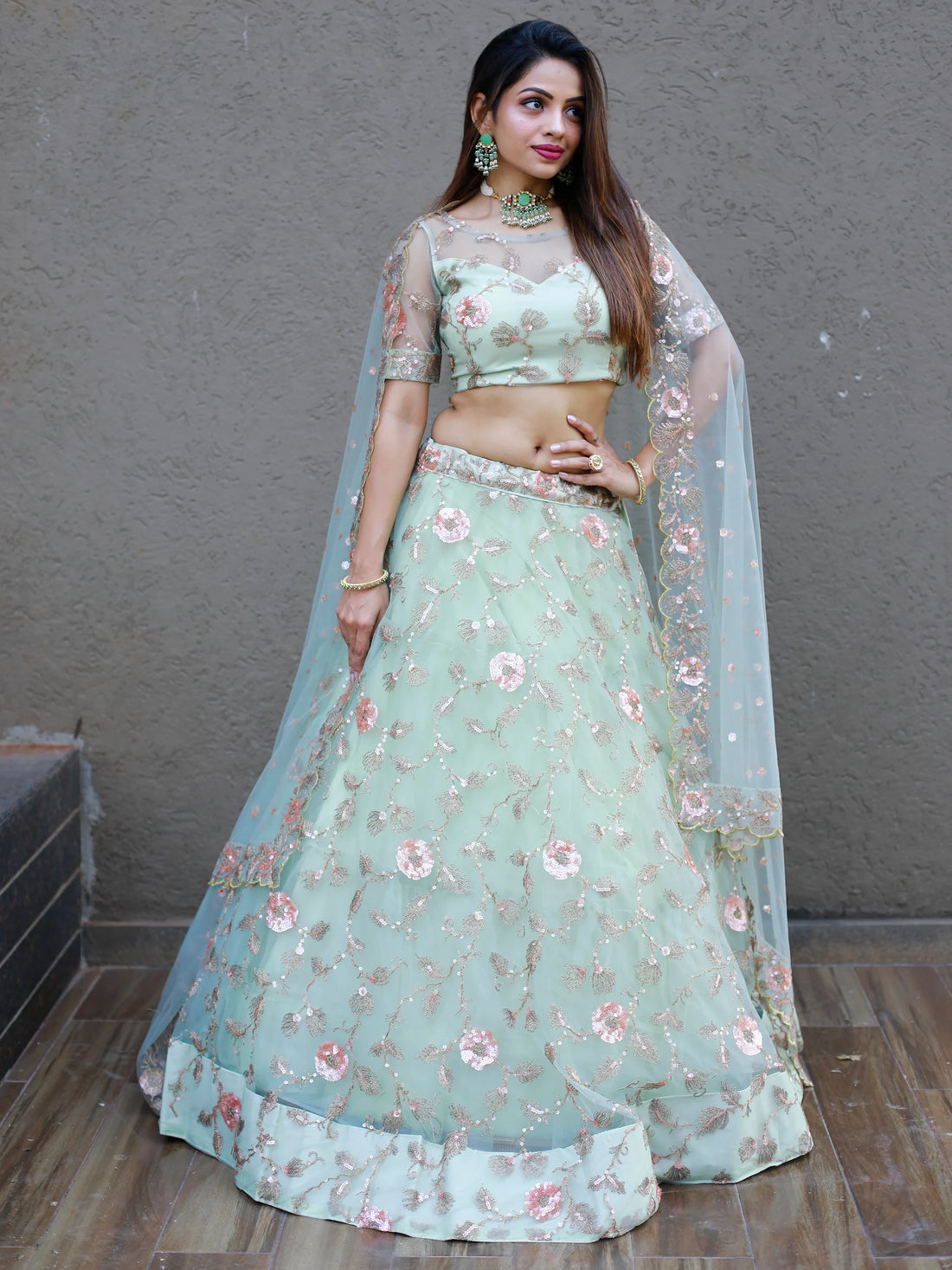 Sweet Pista Green Thread Embroidered Net Designer Lehenga Choli - Zeel Clothing